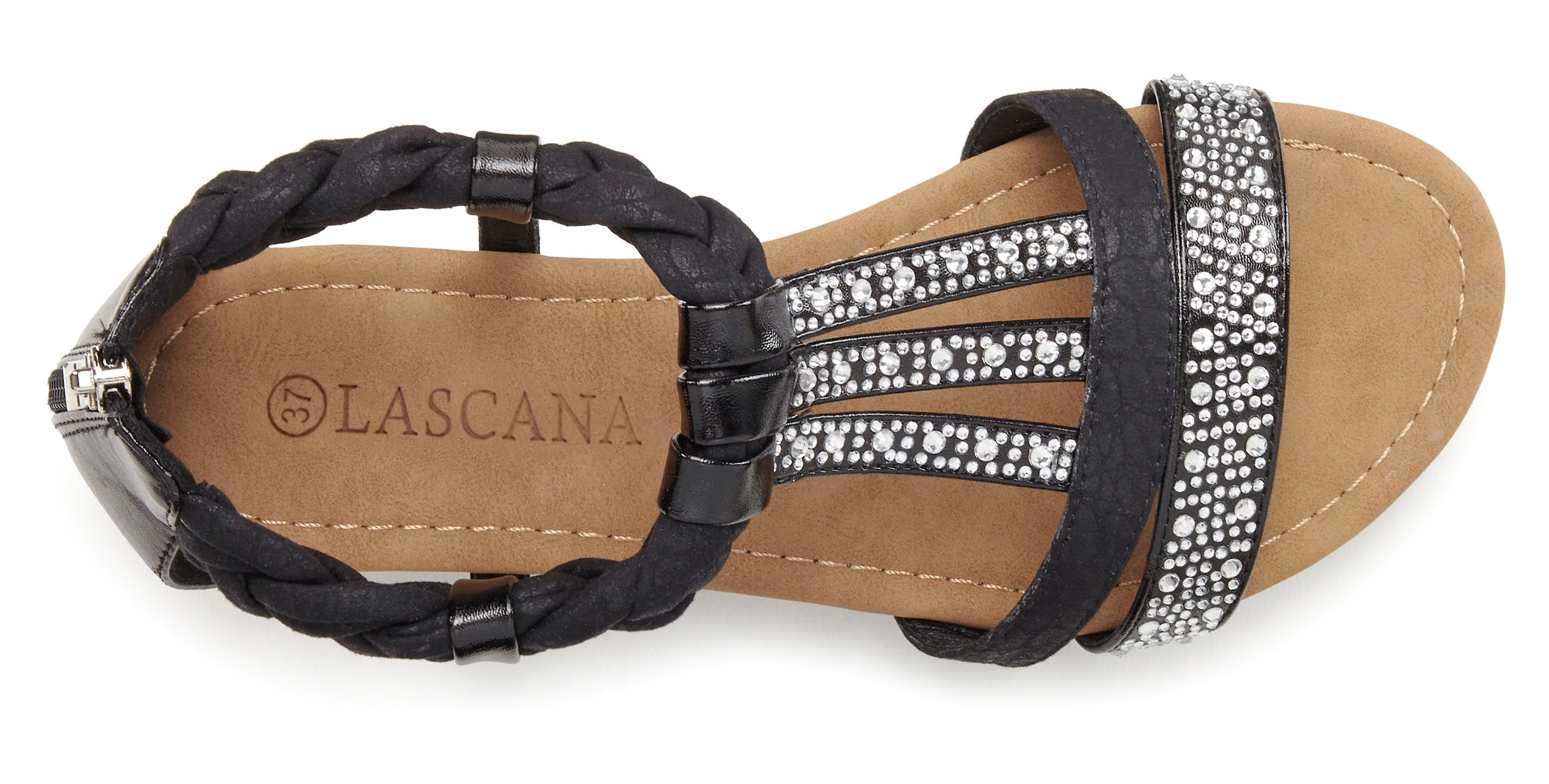 LASCANA Sommerschuh, Sandalette Sandale mit Glitzersteinen und kleinem Keilabsatz im Festival-Look VEGAN