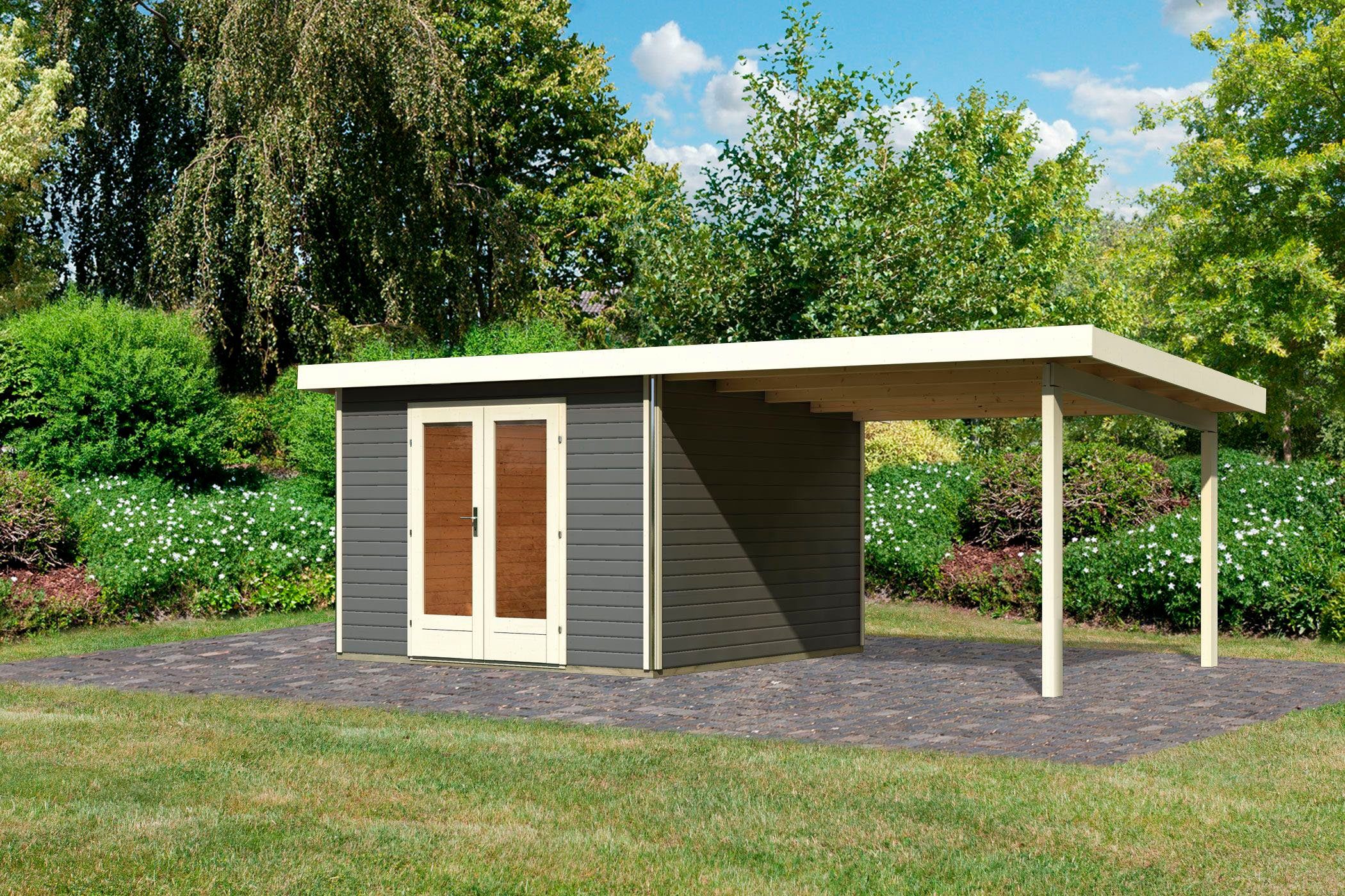 Thumbnail - Karibu Gartenhaus Rabensee 1, BxT: 664x331,50 cm, (Set), mit Anbaudach 3,30 m, terragrau