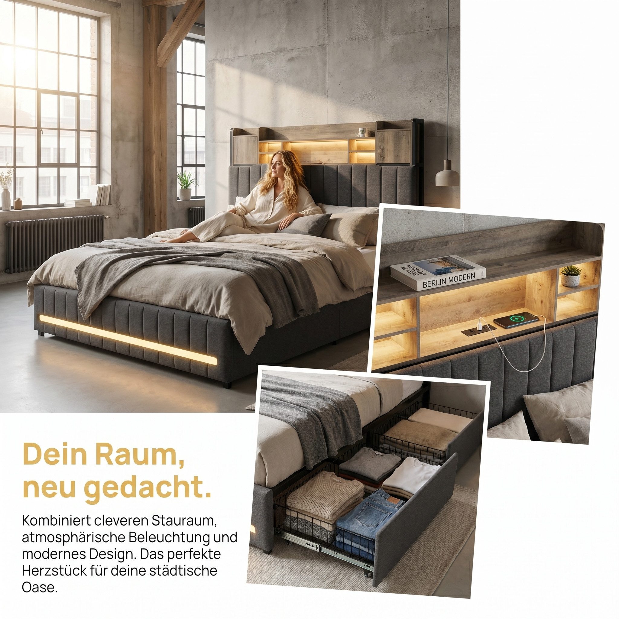 Furnishings Home Polsterbett 140x200 cm Stauraumbett LED Doppelbett (1 tlg, Geeignet für Jungen und Mädchen, Mit große Stauraum), mit Lattenrost und Ladefunktion, mit Komforthöhe, Leises Design Bett