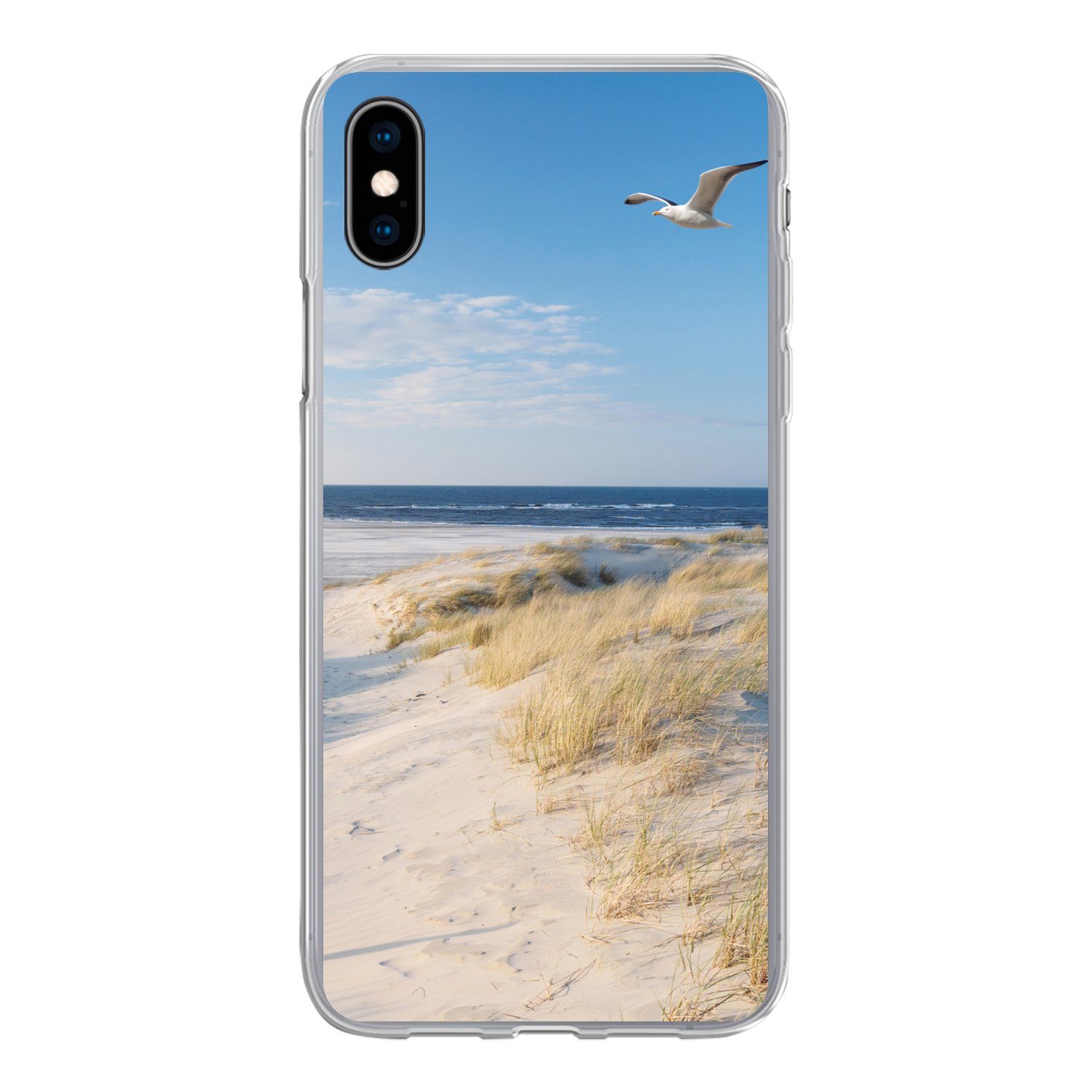 MuchoWow Handyhülle für Apple iPhone XS Düne - Möwe - Strand - Meer - Sonne, Smartphone-Bumper, Print, Handy Schutzhülle Dünn