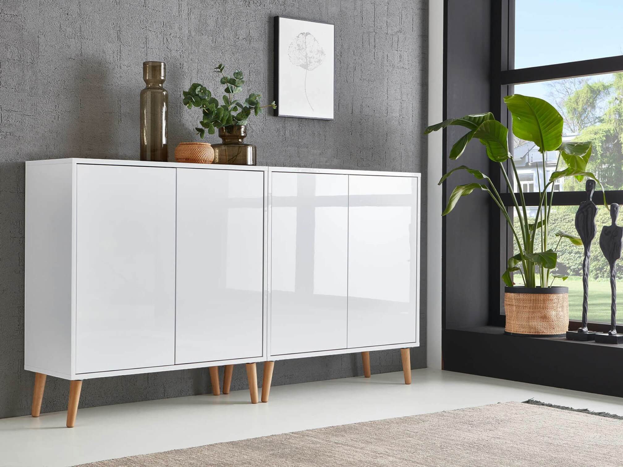 BMG Möbel Sideboard Mailand Set 2 (Kommode Anrichte Aktenschrank, mit Massivholzfuß), Push-to-open-Funktion