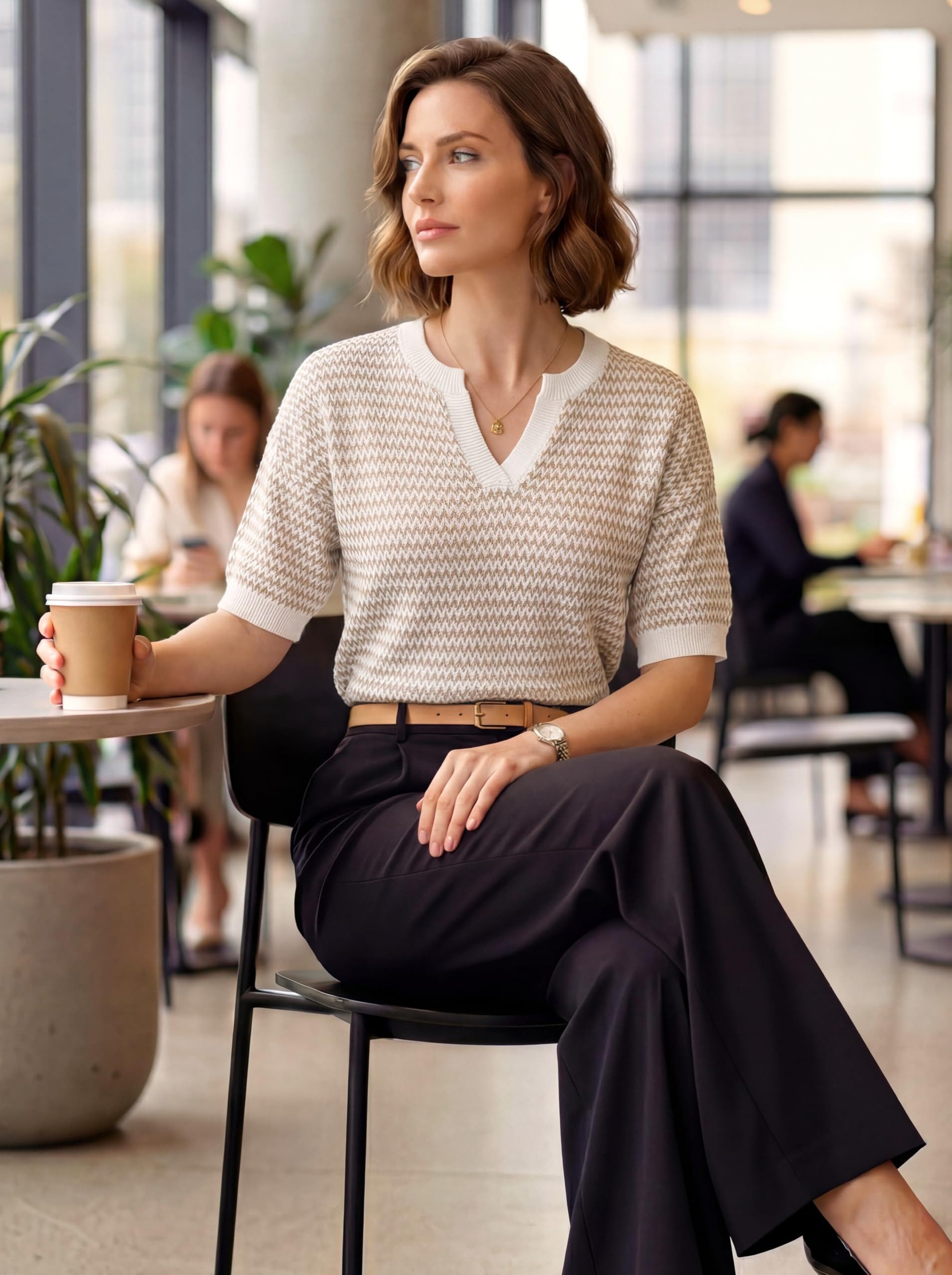 Arach&Cloz Strickpullover Damen Kurzarm-Pullover, Polo V-Ausschnitt 100% Baumwolle, Gestreift Sommer Strickshirt, Casual Top