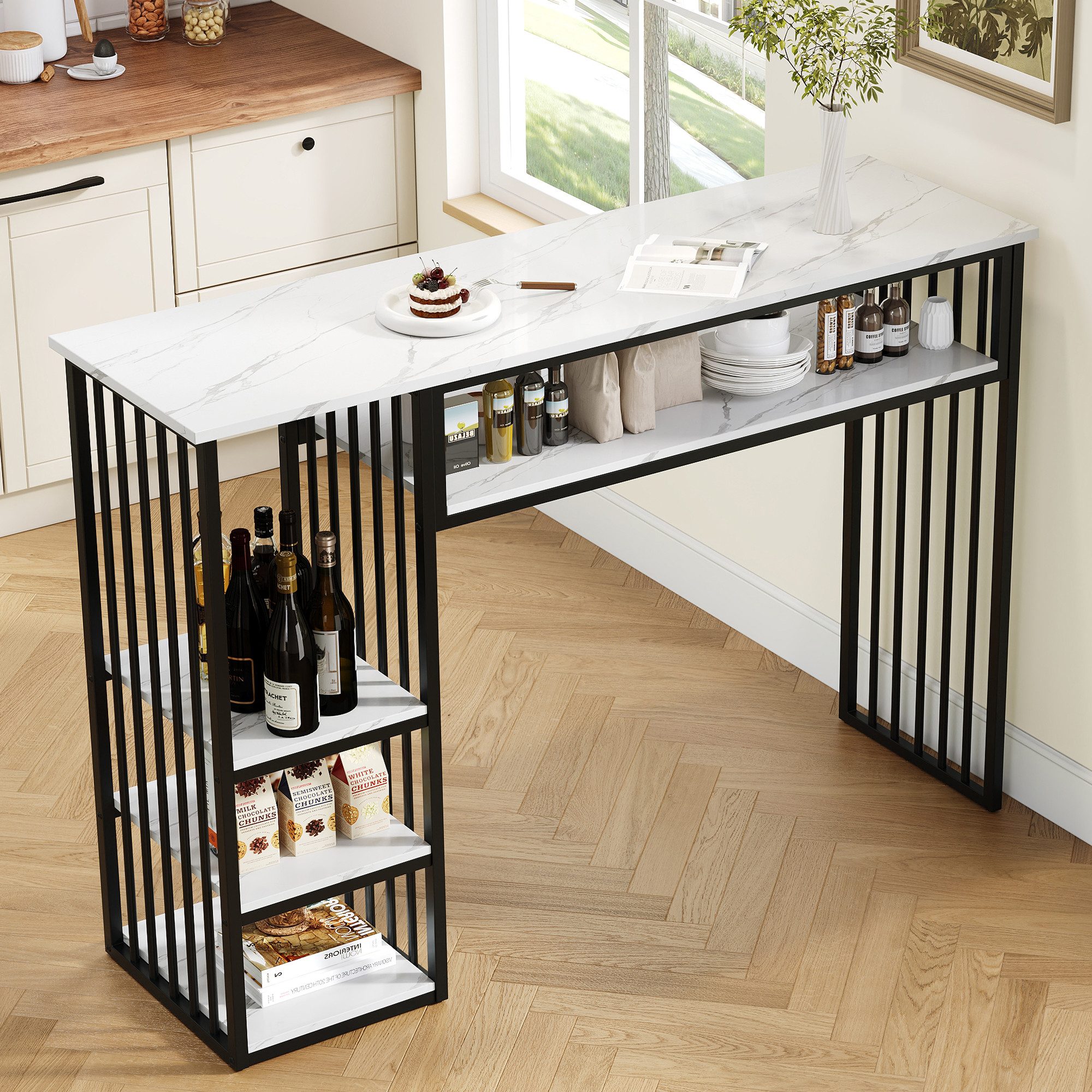 Flieks Bartisch Stehtisch mit MDF-Tischplatte in Marmoroptik, 4 Ablageflächen (140×40×105 cm, 1-St., 1 Tisch), rechteckiger Esstisch mit Stauraum Küchentresen, Metallgestell Schwarz