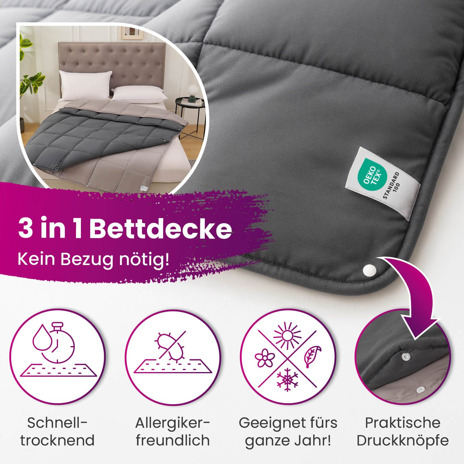 wometo Microfaserbettdecke 4-Jahreszeiten Steppbett Bi-Color, 2 Deckengrößen, Füllung: Kunstfaser, OEKO-TEX®, gesteppte Bettdecke für das ganze Jahr – Bild 4 von 5