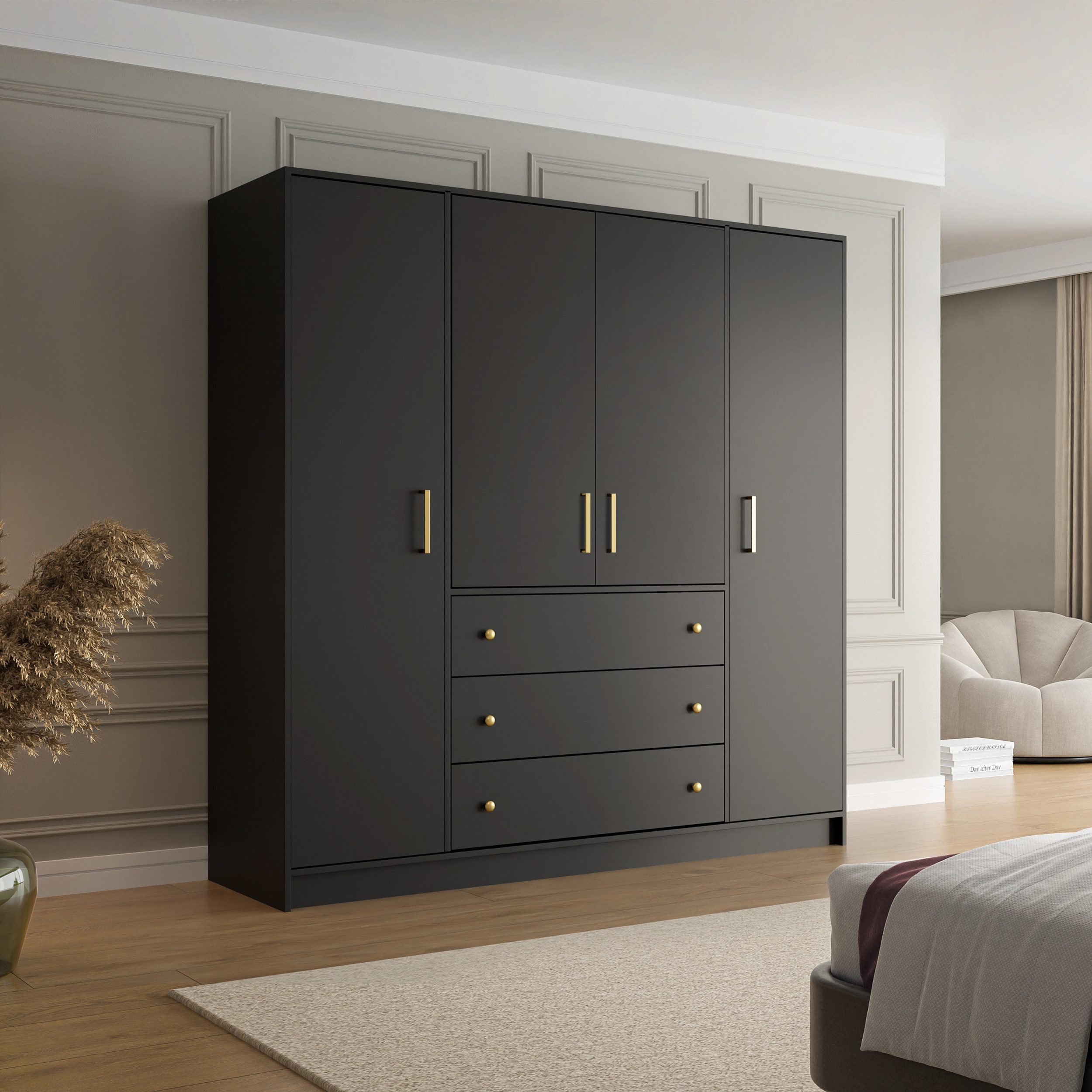 Beautysofa Drehtürenschrank RILO mit 4 Türen und goldfarbene Griffe (Kleiderstange, 8 Regalböden, 3 Schubladen, Farbe: Kaschmir, Weiß oder Schwarz) Breite: 196  – Bild 5 von 5