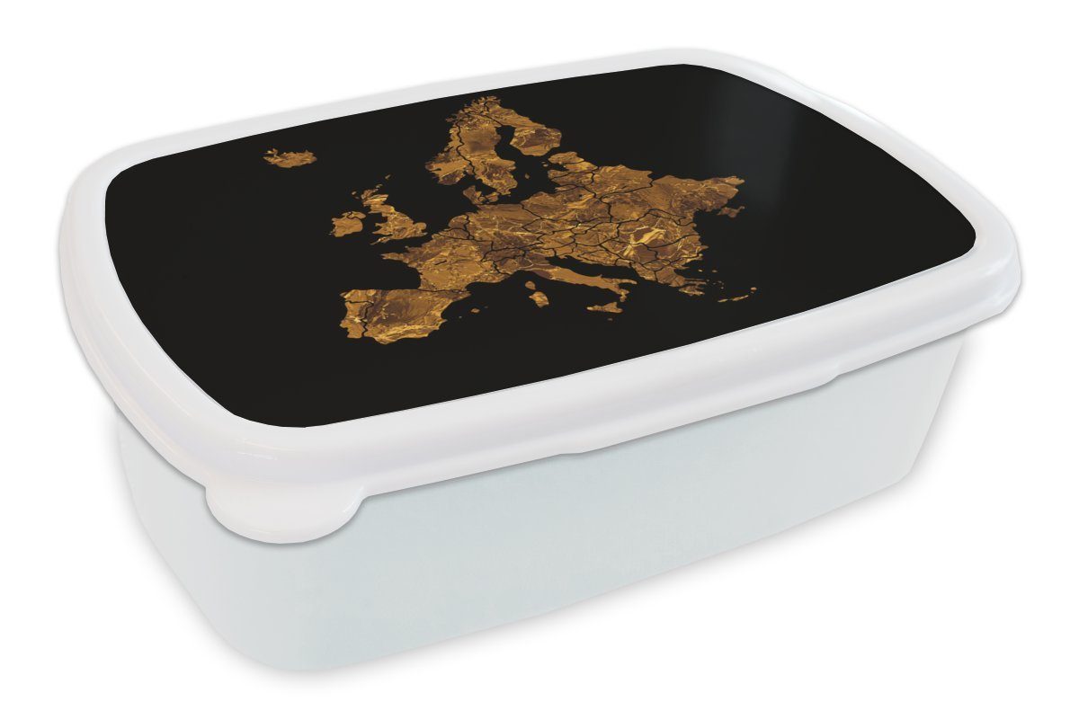 MuchoWow Lunchbox Karte von Europa - Marmor - Gold, Kunststoff, (2-tlg), Brotbox für Kinder und Erwachsene, Brotdose, für Jungs und Mädchen weiß