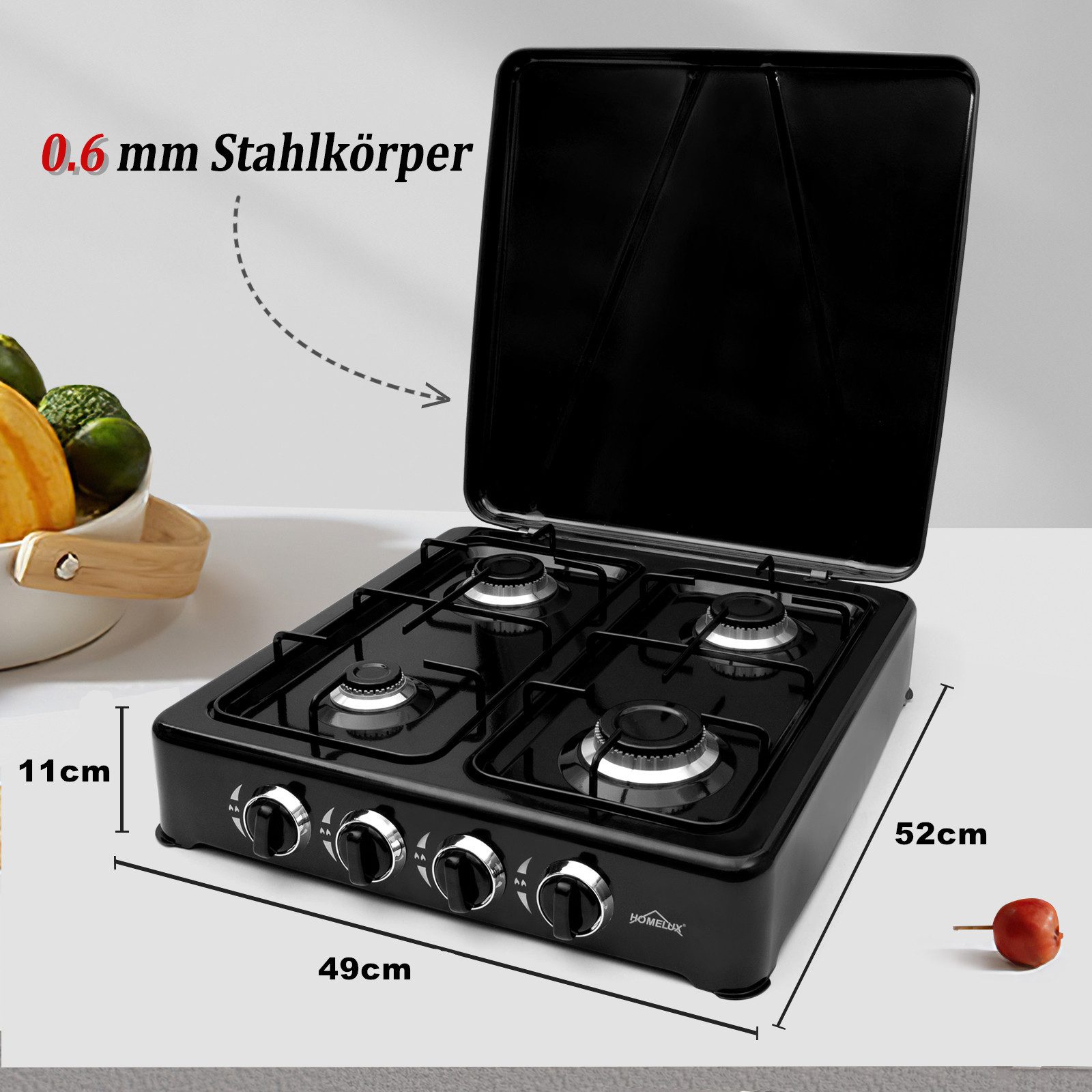 HOMELUX Gaskocher 6,2 KW Gaskocher, 4 Flammig Campingkocher Kochfeld, (2,2 kW + 2x 1,5 kW + 1,0 kW), Gaskocher mit Schlauch-Anschluss und Druckmindere