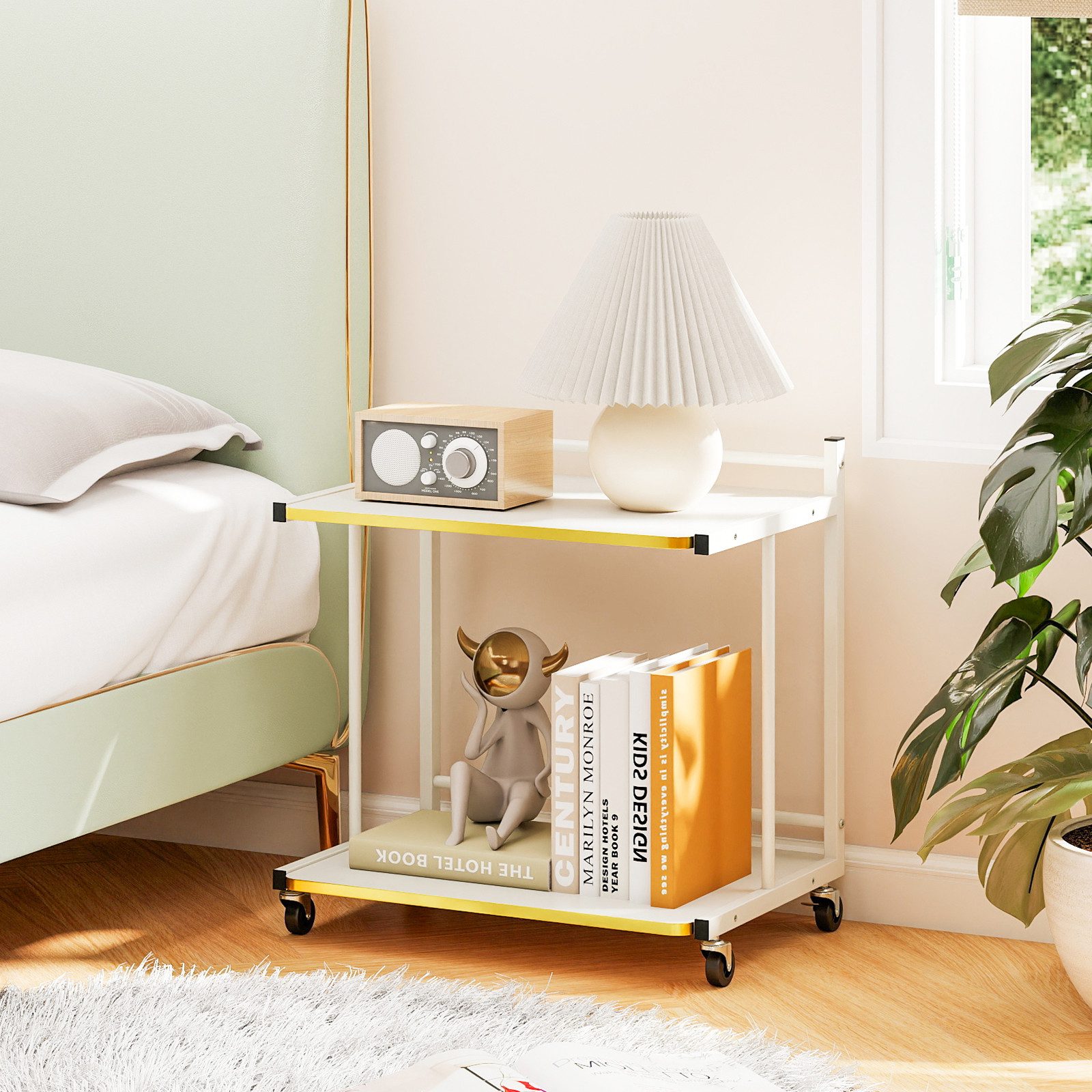 COSTWAY Beistelltisch, mit Rollen, 2 offenen Ablagen, Druckertisch Couchtisch C-Form