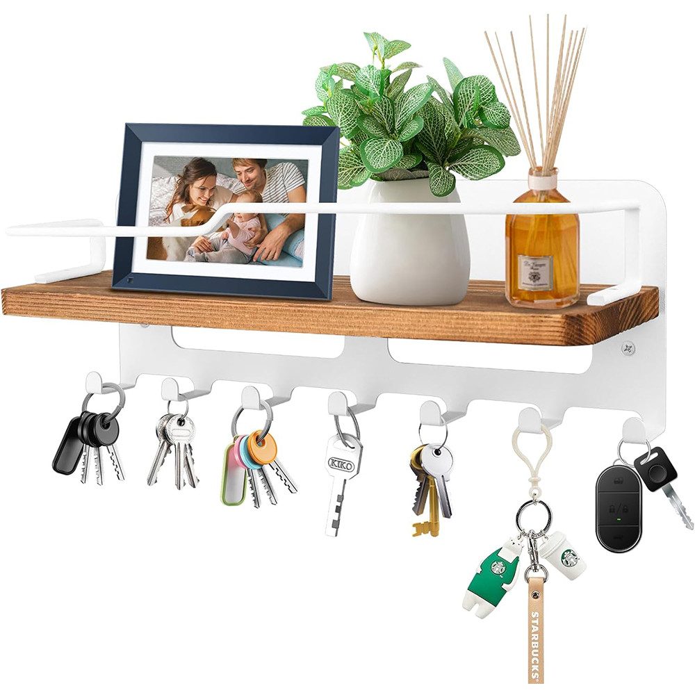 TUWENA Wandhaken Schlüsselbrett Holz mit Ablage, Schlüsselablage Wand mit 7 Haken, Schlüsselbrett Organizer für Eingang, Flur, Schlafzimmer, Wohnzimmer