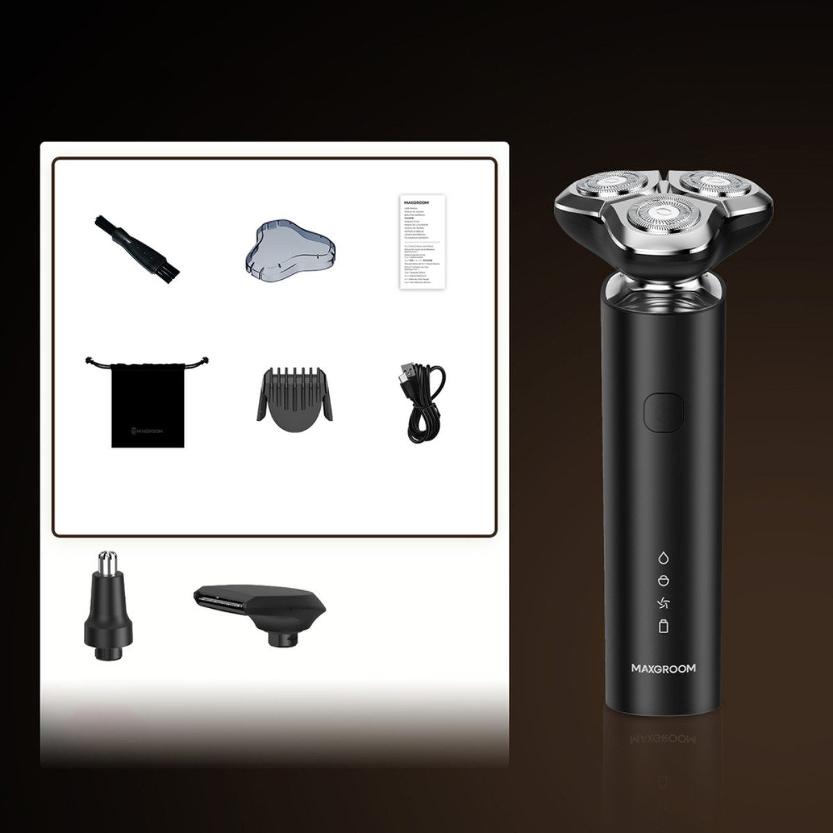 MAXGROOM Elektrorasierer M-8012, Abnehmbarer Scherkopf, Aufsätze: 3, Barttrimmer, 3in1 Elektrorasierer Set, 3in1 Rasierer mit IPX7 Wasserschutz und Trimmerfunktion