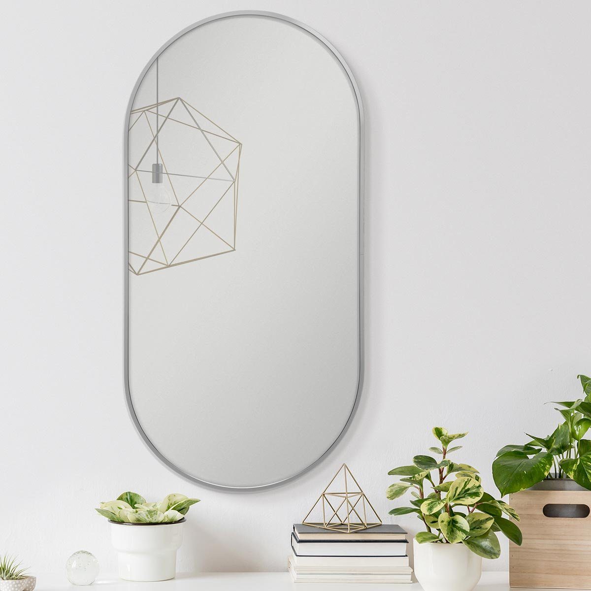 PHOTOLINI Spiegel mit schmalem Metallrahmen in Silber, ovaler Wandspiegel 40x80 cm