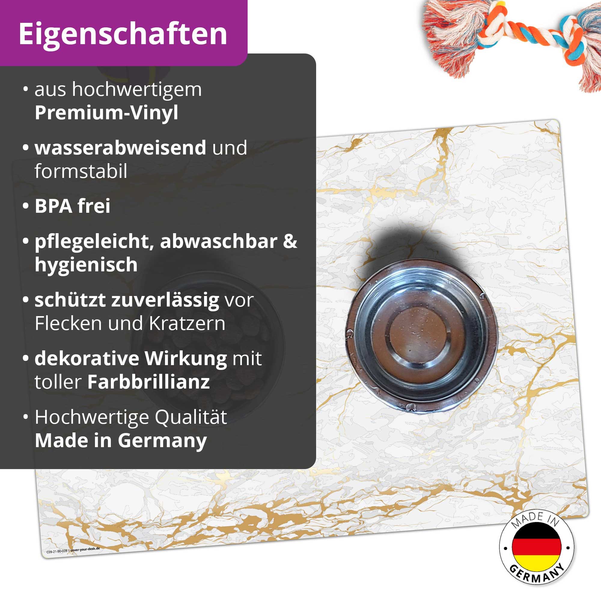 cover-your-desk.de Napfunterlage für Hunde & Katzen „Weißer Marmor mit Goldadern“ - aus Premium-Vinyl, 1-St., rutschhemmend, abwaschbar, reißfest, Made in Germany