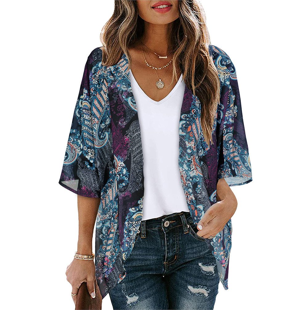 Zaewry Kimono Damen Kimono Cardigan, Sommer-Strandbluse, lockere Strandtunika, Floraler Druck, leichte Strandüberwurf, luftig für Urlaub und Strand