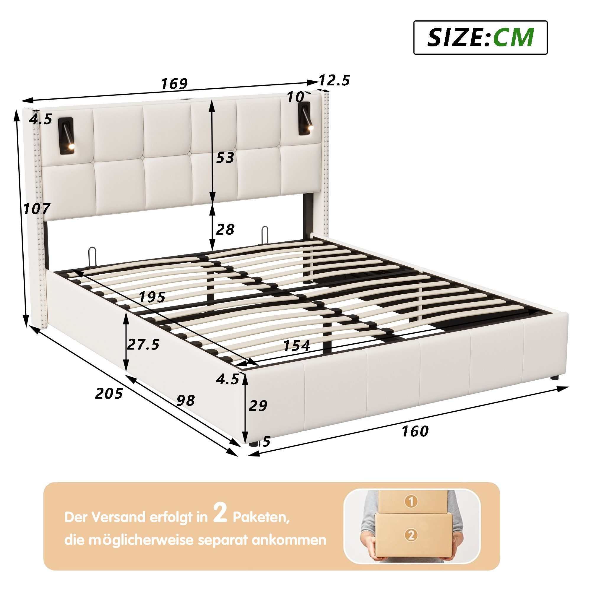 PXloue Stauraumbett Polsterbett Doppelbett, mit bettkasten und Lattenrost,Samtstoff,Leselicht,160x200 cm – Bild 5 von 5