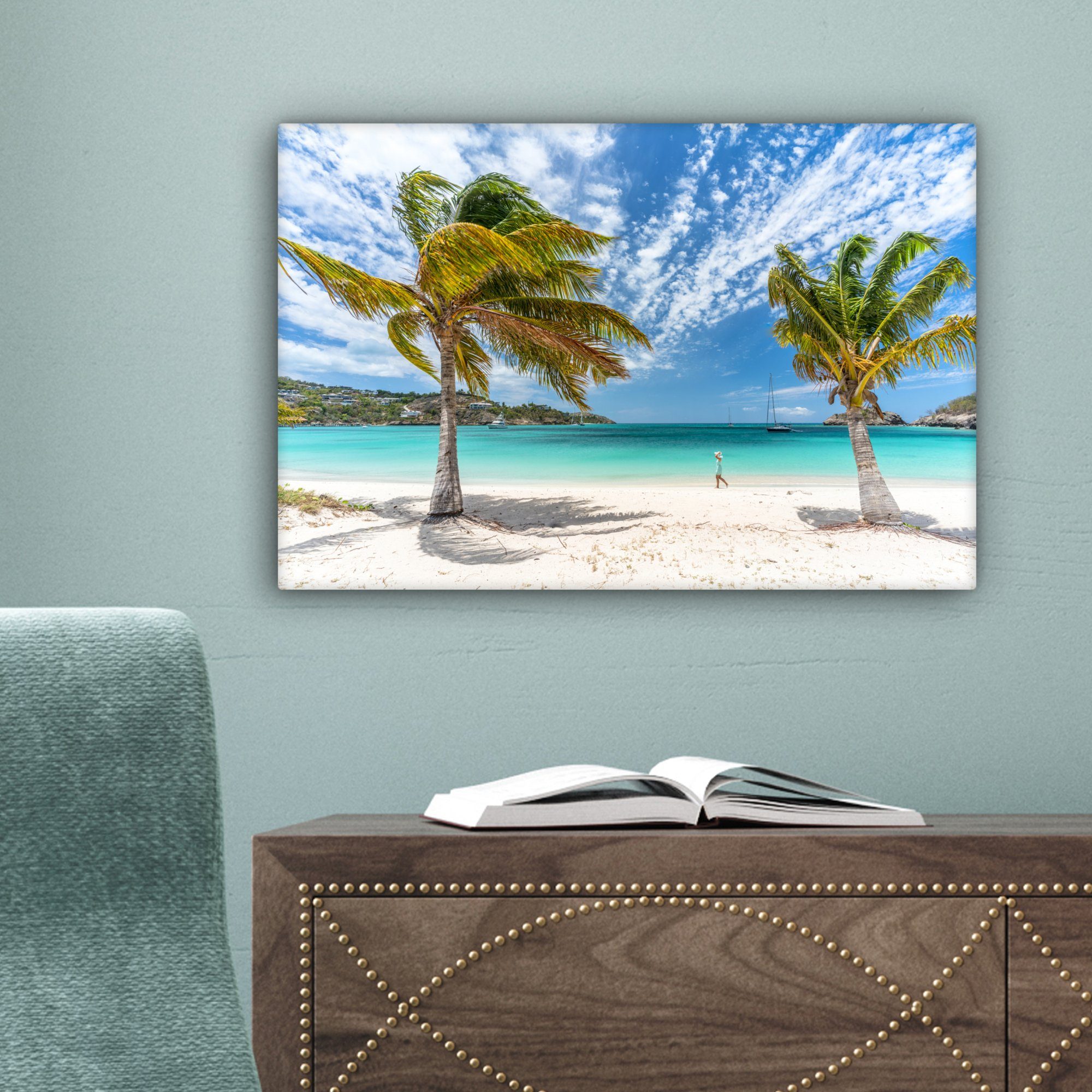 OneMillionCanvasses® Leinwandbild Strand - Palmen 30x20 Wandbild cm (1 - Leinwandbilder, St), Wolken, Aufhängefertig, Wanddeko