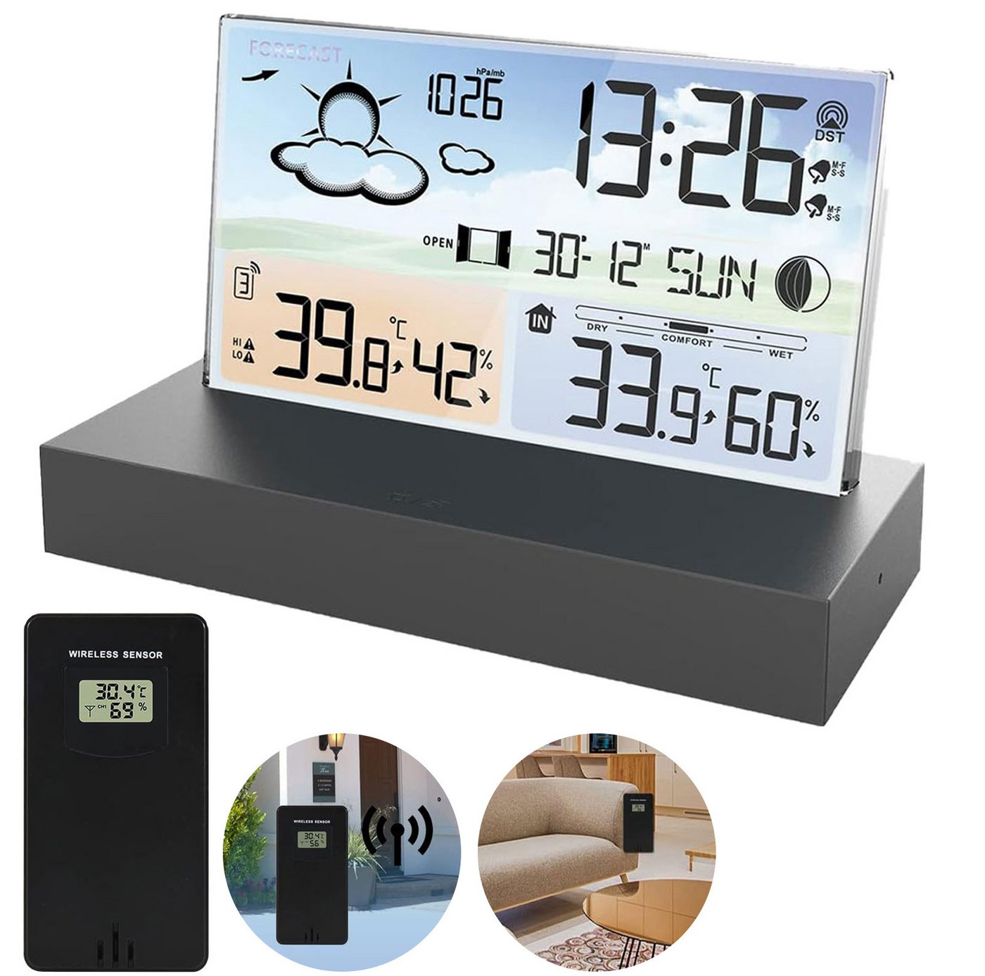 OKWISH Digital Wetteruhr Thermometer Raumthermometer Temperaturanzeige Funk Wetterstation (Mit Sensor und USB-Kabel, Außensensor Dual Alarm Temperatur Wettervorhersage Wetter Innen Außen)