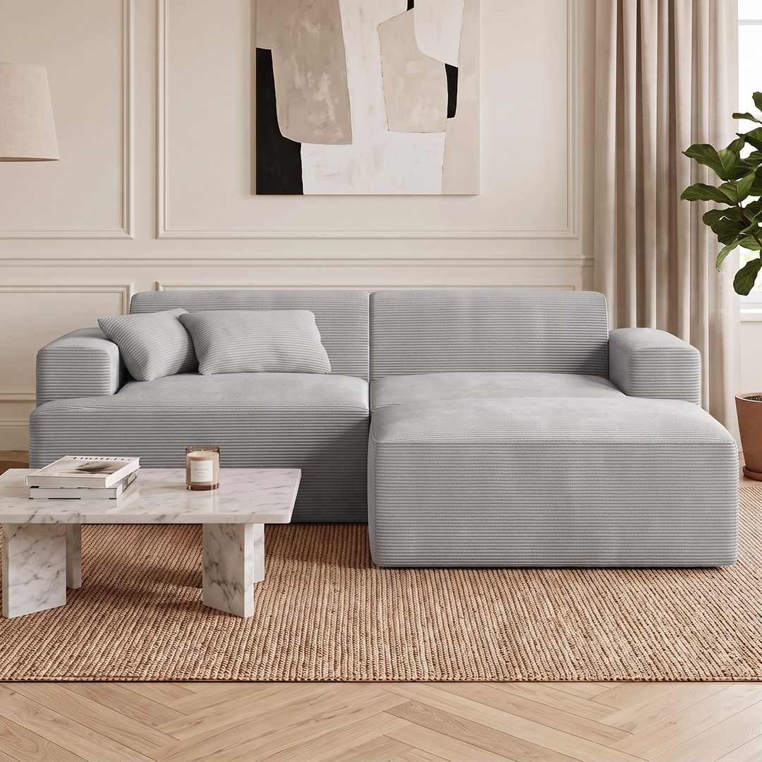 skølm Sofa Freki aus Cord, Vollschaumcouch mit Federkern und Vakuum-Kompression, Grau, Couch 2 Sitzer mit Hocker und 2 Kissen, kein Aufbau erforderlich, 230 cm breit, gepolstert, vakuumiert