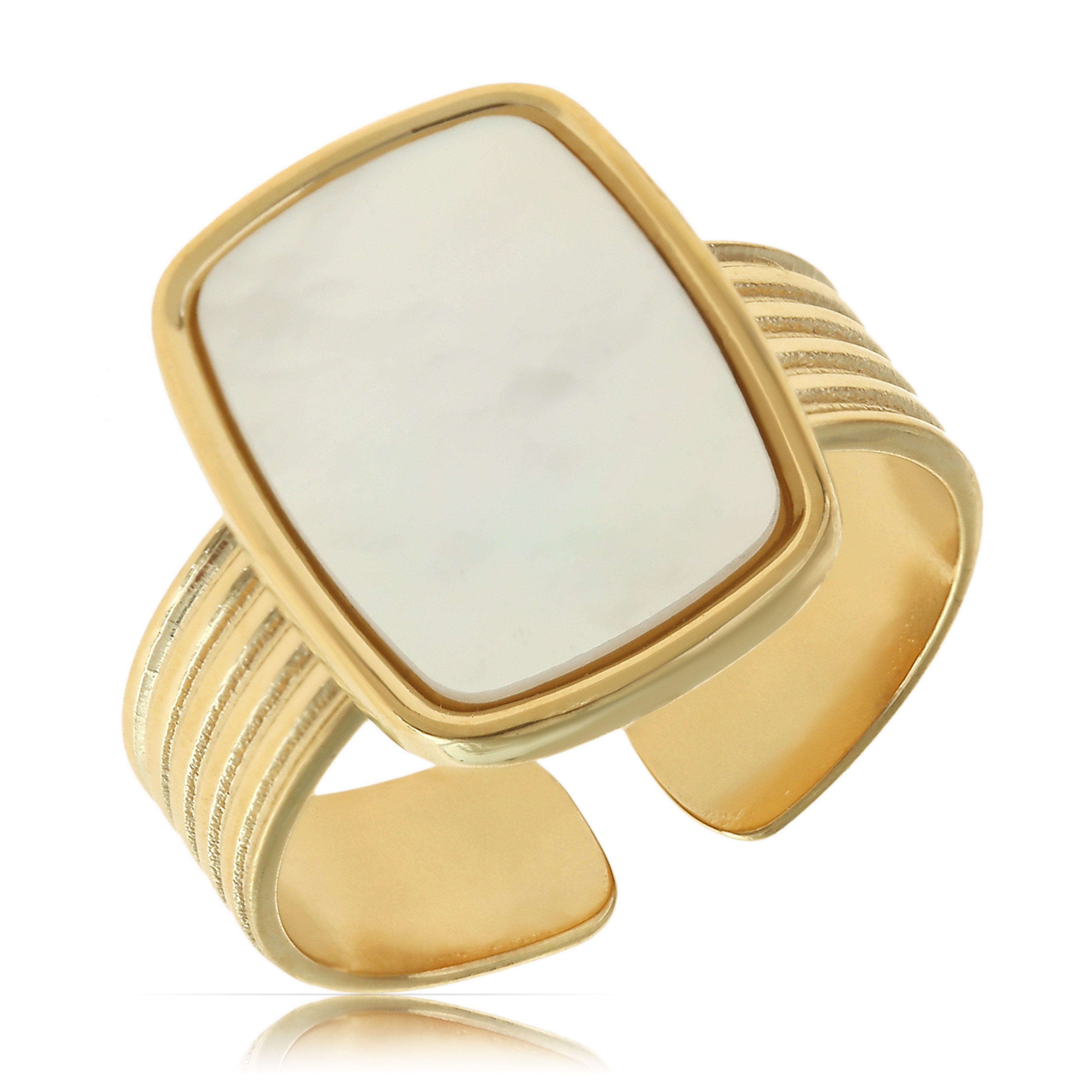 Made by Nami Goldring Damen Ring Gold mit Perlmuttstein verstellbar wasserfest hypoallergen, aus Edelstahl – Boho-Stil – mit Edelstein – glänzende Optik
