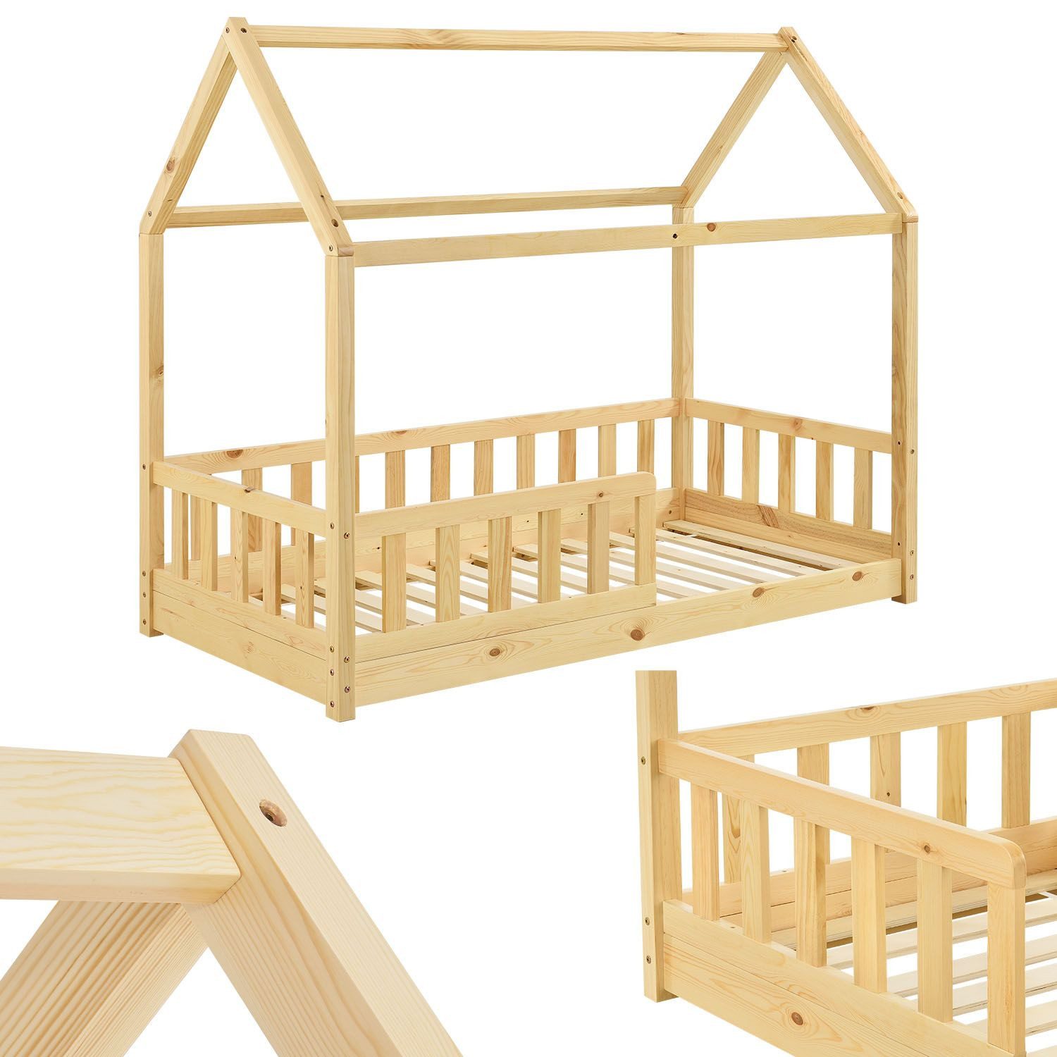Juskys Kinderbett Marli, 80x160 cm, Hausoptik mit Dach, Holz, Rausfallschutz, 3 - 10 Jahren