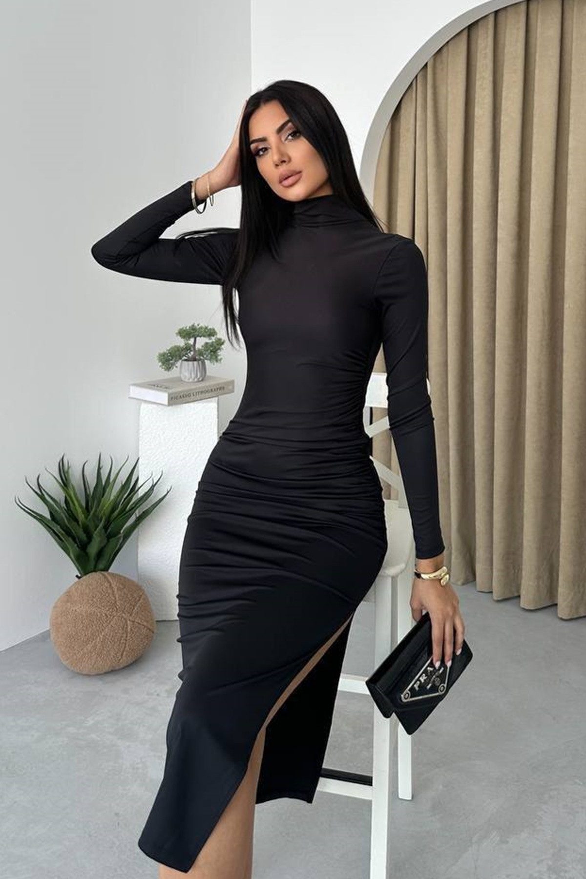 WOMAN VISION Maxikleid Damen Midi-Abendkleid aus rotem Sandstoff mit halbem Rollkragen und Sc