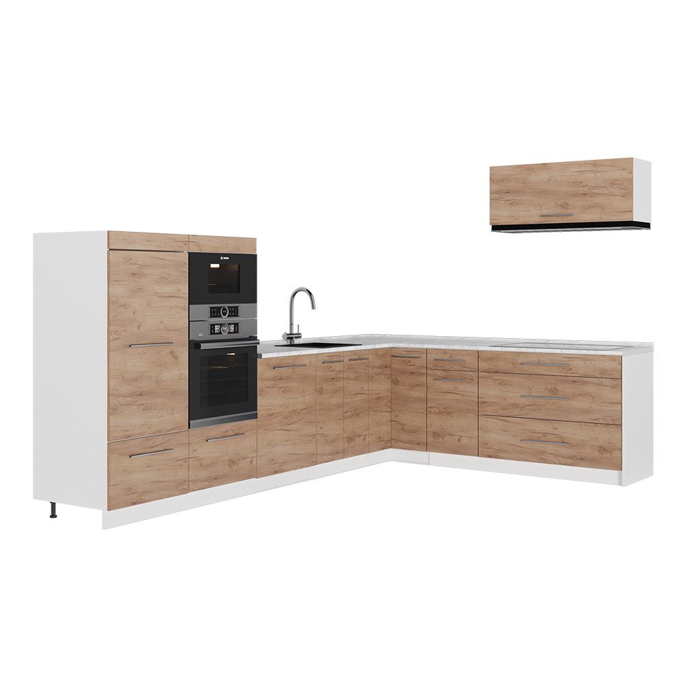 Vicco Winkelküche Fame-Line, Goldkraft Eiche/Weiß, 327 x 227 cm, AP Marmor