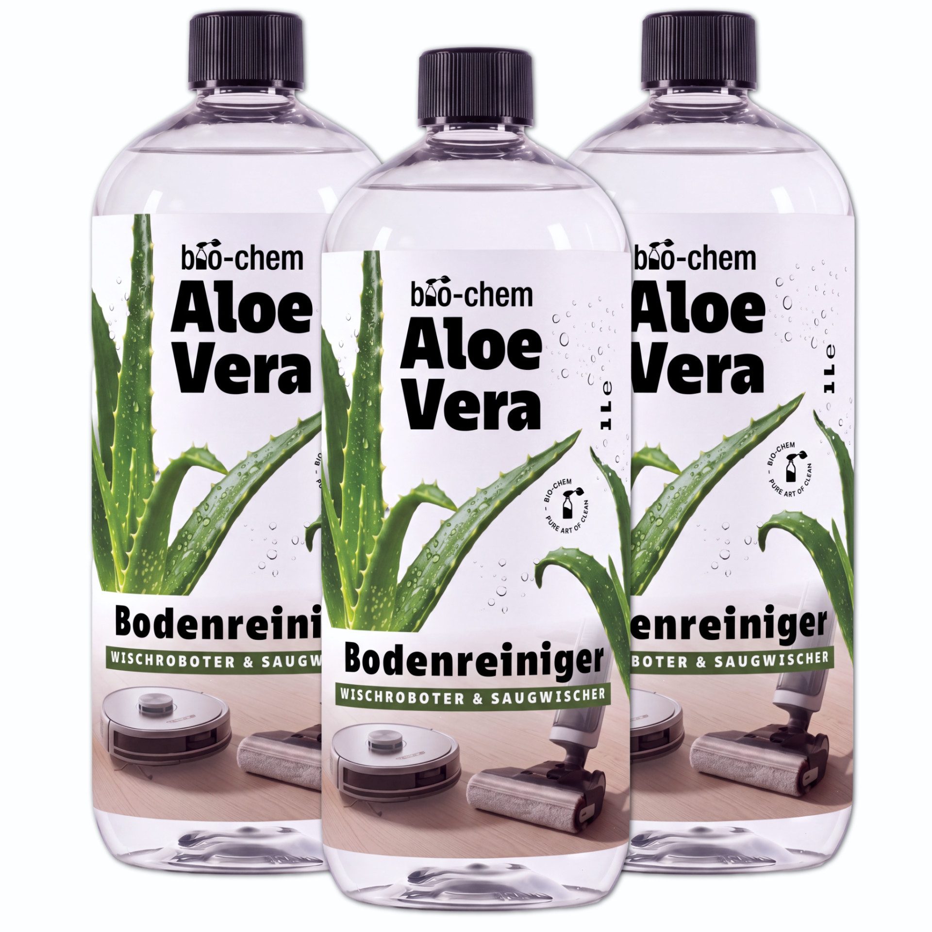 bio-chem Wischroboter Reinigungsmittel Saugwischer schaumarm 1 L Aloe Vera Fussbodenreiniger (3-St. Aloe Vera Bodenreiniger Zusatz 1 L Premiumduft Aloe Vera: belebend, mit reiner Frische)