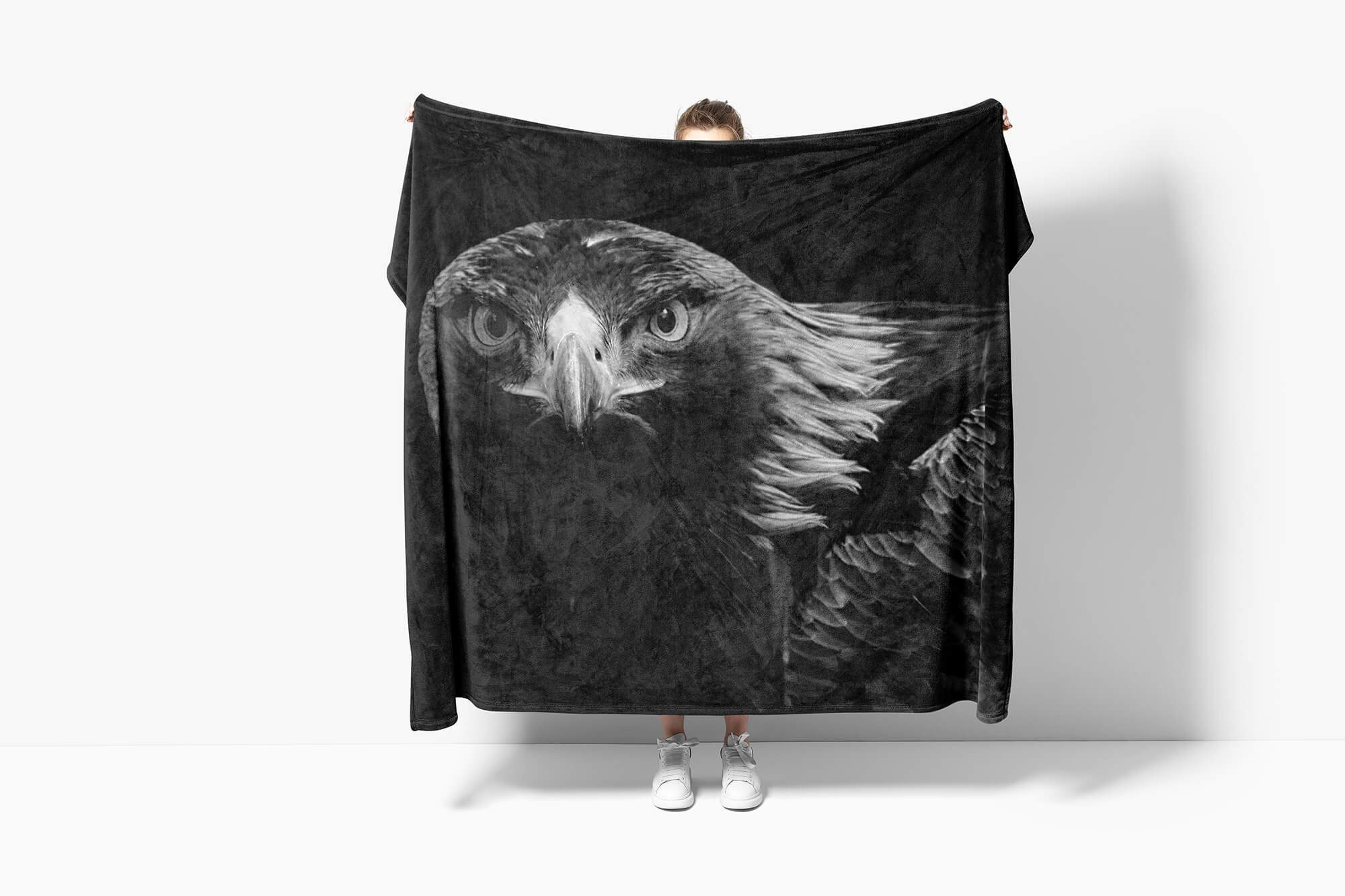 Sinus Art (1-St), Saunatuch Kuscheldecke Adler Baumwolle-Polyester-Mix Schwarz Handtuch Strandhandtuch Handtücher Handtuch mit Weiß, Tiermotiv