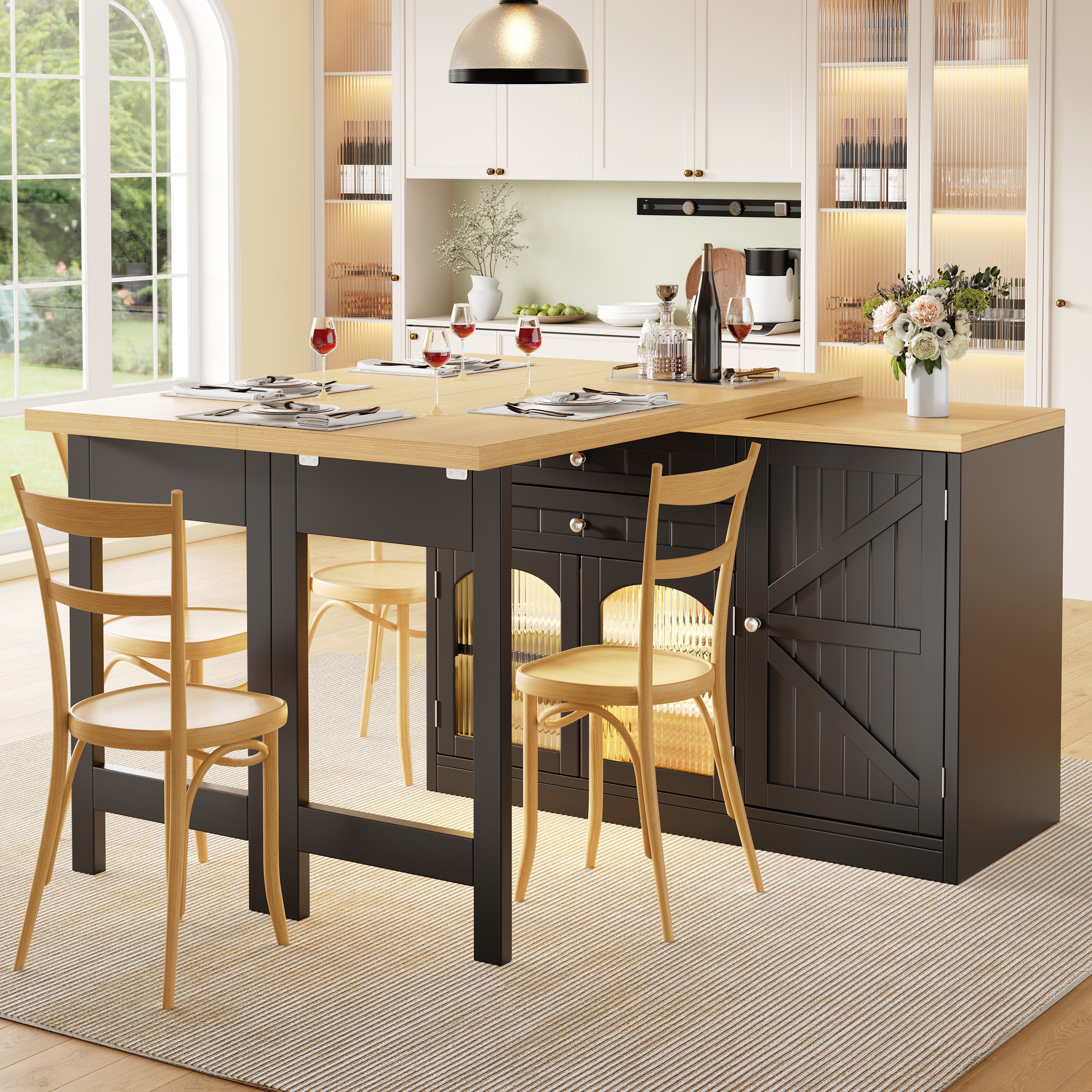 TavilaEcon Esstisch Ausziehbarer Kücheninsel-Esstisch 120–194cm (1-St., 360° drehbare Tischplatte), mit Glastüren, Schubladen & Tür-Snackregalen, Weiß/Schwarz
