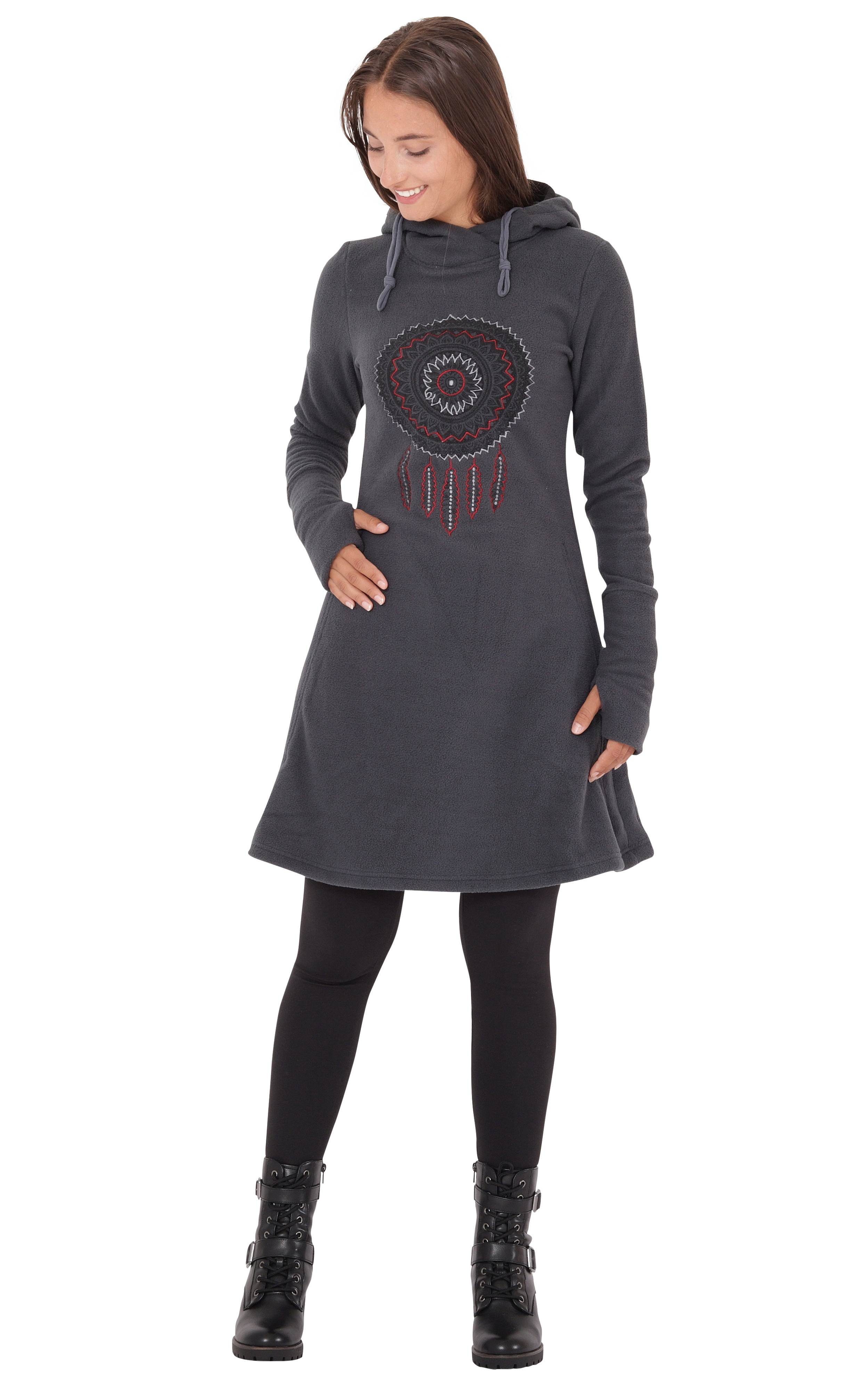 mit Kapuzenkleid Winterkleid Traumfänger A-Linien-Kleid Grau dr31 PUREWONDER Fleece