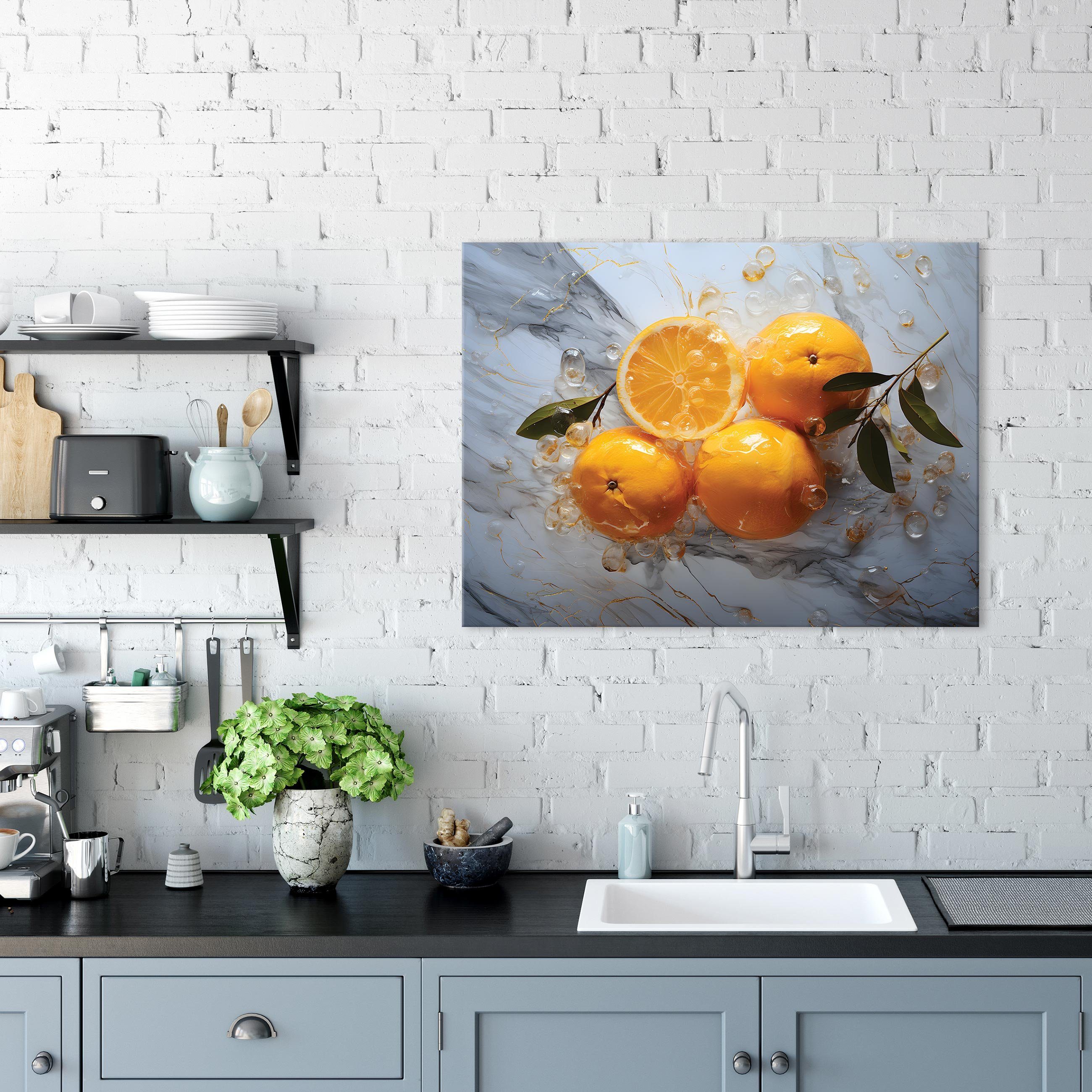 1 Wallarena Leinwand Wandbild Aufhängefertig Groß (Einteilig, XXL Orangen Modern, Küche Bilder Bild St), Obst Leinwandbild Leinwandbilder Marmor Leinwandbild