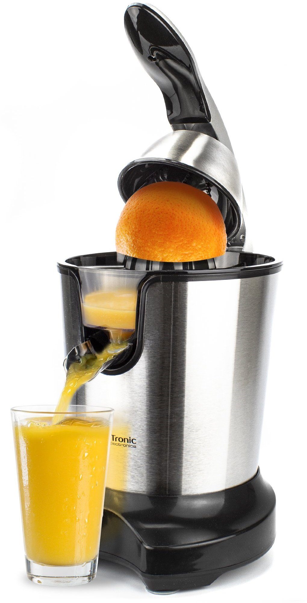TurboTronic by Z-Line Zitruspresse Elektrische Zitruspresse 300W Saftpresse Juicer, 300 W, silber/schwarz, 300W, Saftpresse mit 2 Presskegeln, Edelstahlfilter und Hebelarm, Orangenpresse