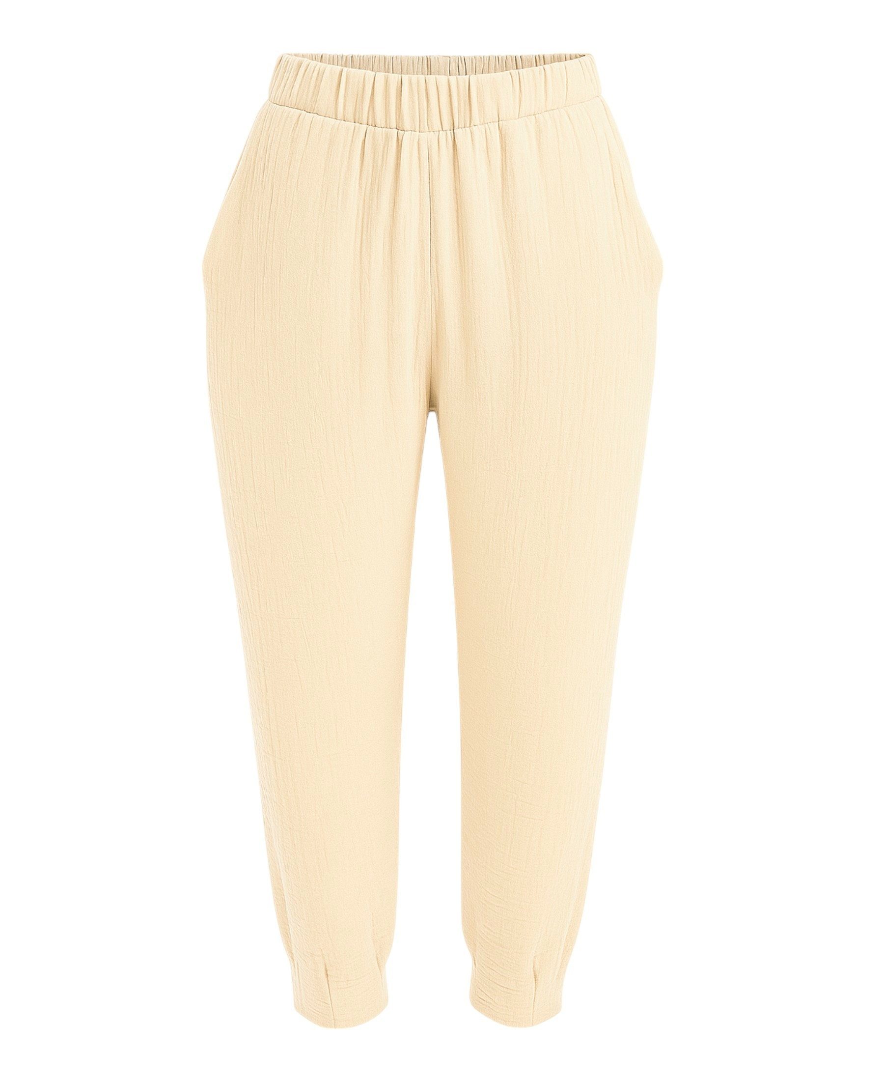 fashionshowcase Stoffhose Damen Musselin Stoffhose 100% Baumwolle – Freizeithose Nahtdetails am Beinabschluss, leicht & luftig