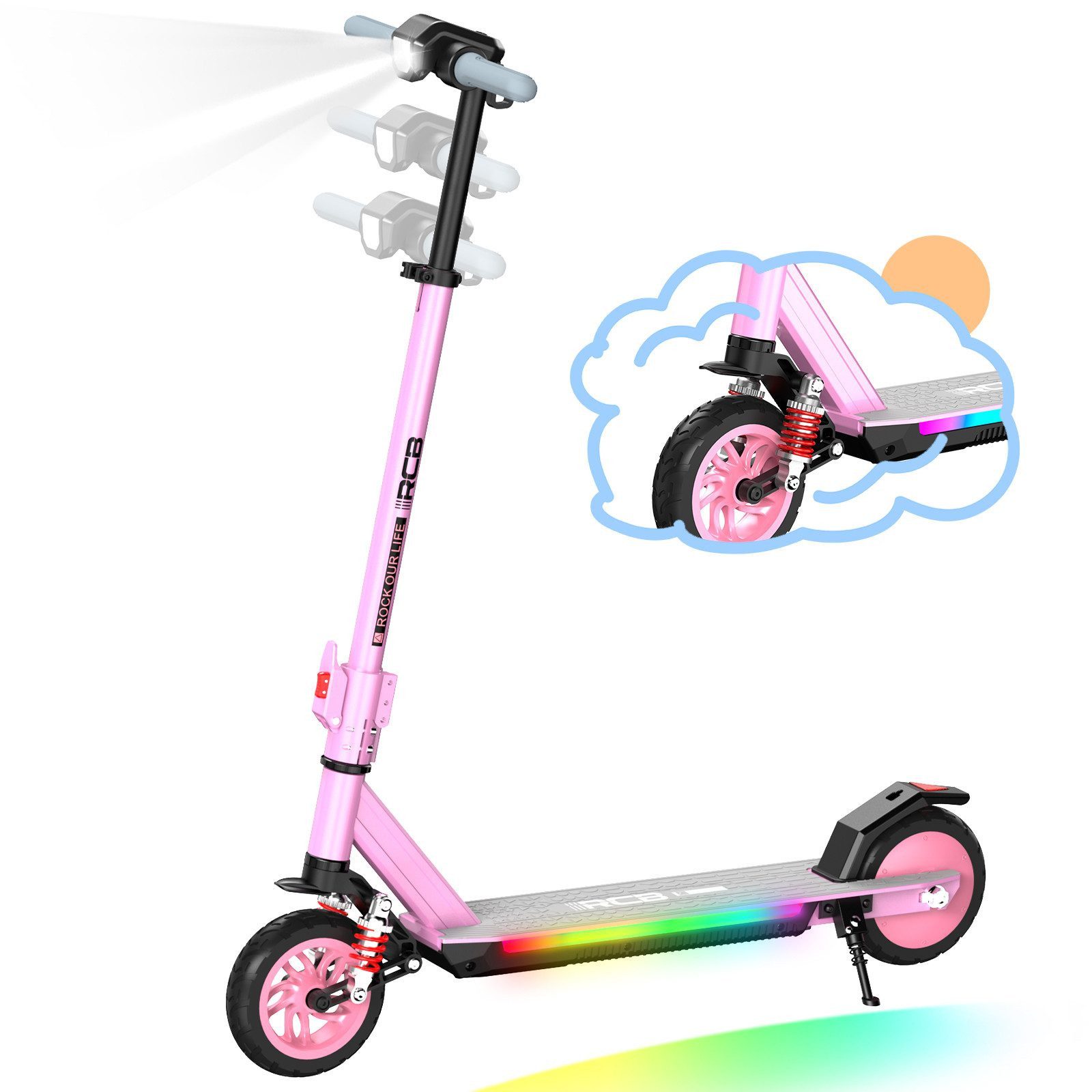 RCB Elektro-Kinderroller R12 MAX,Vorderradfederung,7''Vollgummireifen,höhenverstellbar 96-110cm, Belastbarkeit 60 kg, Schwingarm-Federung,Faltmechanismus mit zwei Sicherheitsverriegelungen