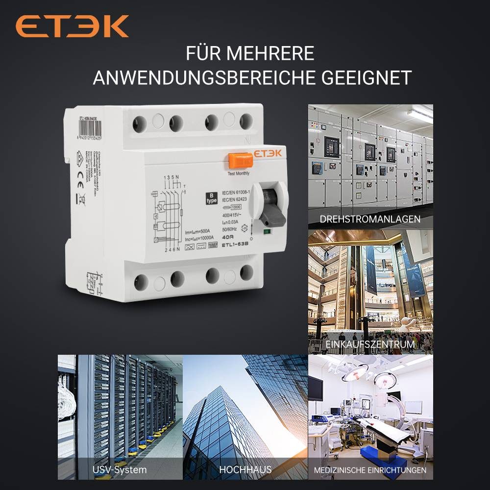 ETEK Electric Verteiler ETEK FI-Schutzschalter Typ B ETL1-63B 4-polig allstromsensitiv, 40A / 30mA – Bild 4 von 5