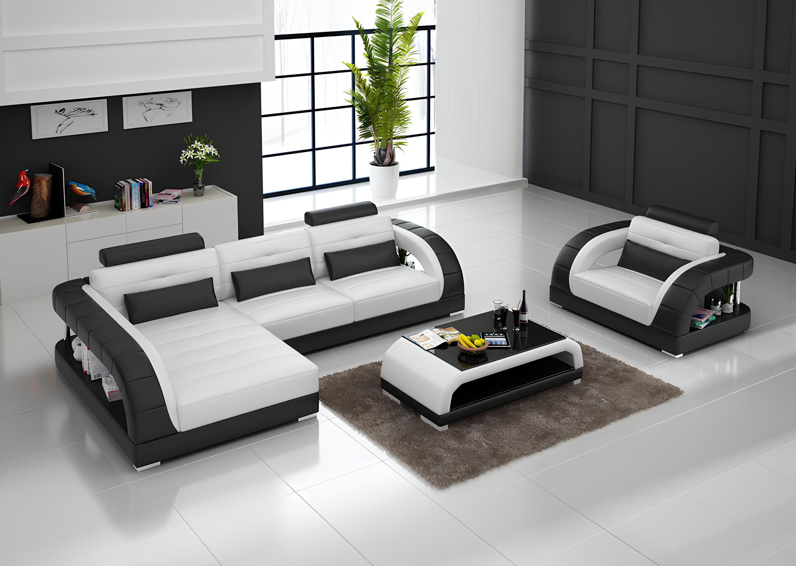 Ecksofa Neu gestaltetes Ledersofa mit Eckcouch Wohnlandschaft und Sessel