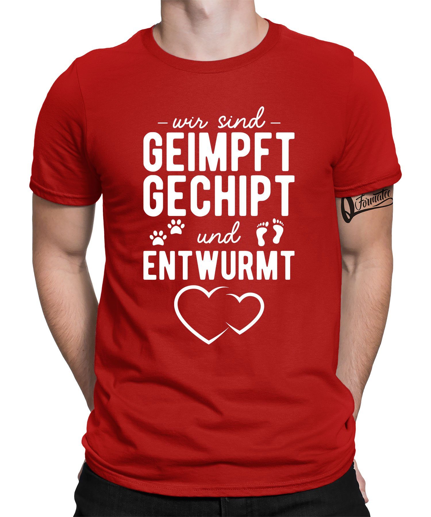 Quattro Formatee Kurzarmshirt Hund Geimpft Gechipt Entwurmt - Lustiger Spruch Statement Herren T-Shi (1-tlg) Rot