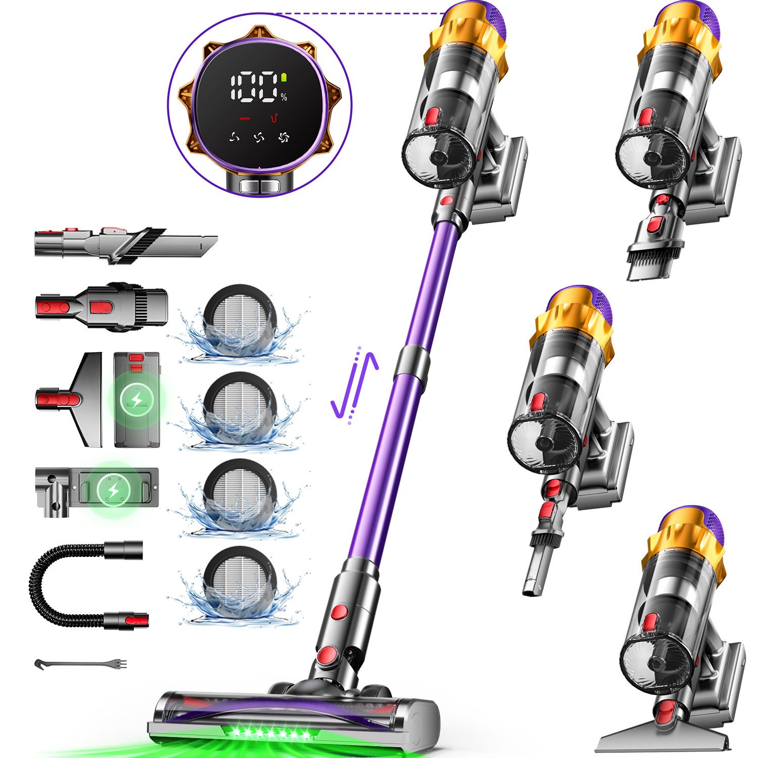 Hiazurm Akku-Hand-und Стальной пылесос Akku Пылесосы,80000pa Akkusauger,70Min/1,8L, 700 W, Kabelloser Пылесосы mit LED-Display,HEPA*4, Super Leise Stabstaubsauger für Tierhaare und Teppiche