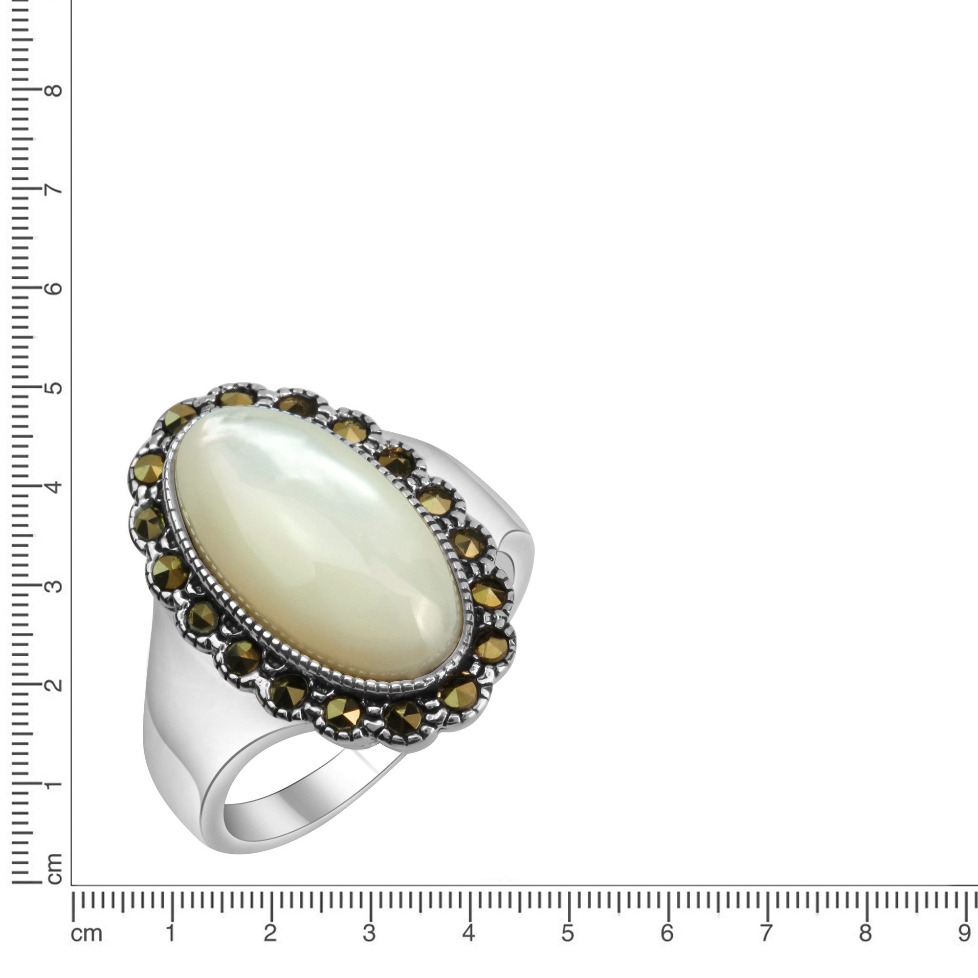 Zeeme Fingerring Silber 925 oxydiert mit weißem Perlmutt und 18 Markasit-St günstig online kaufen