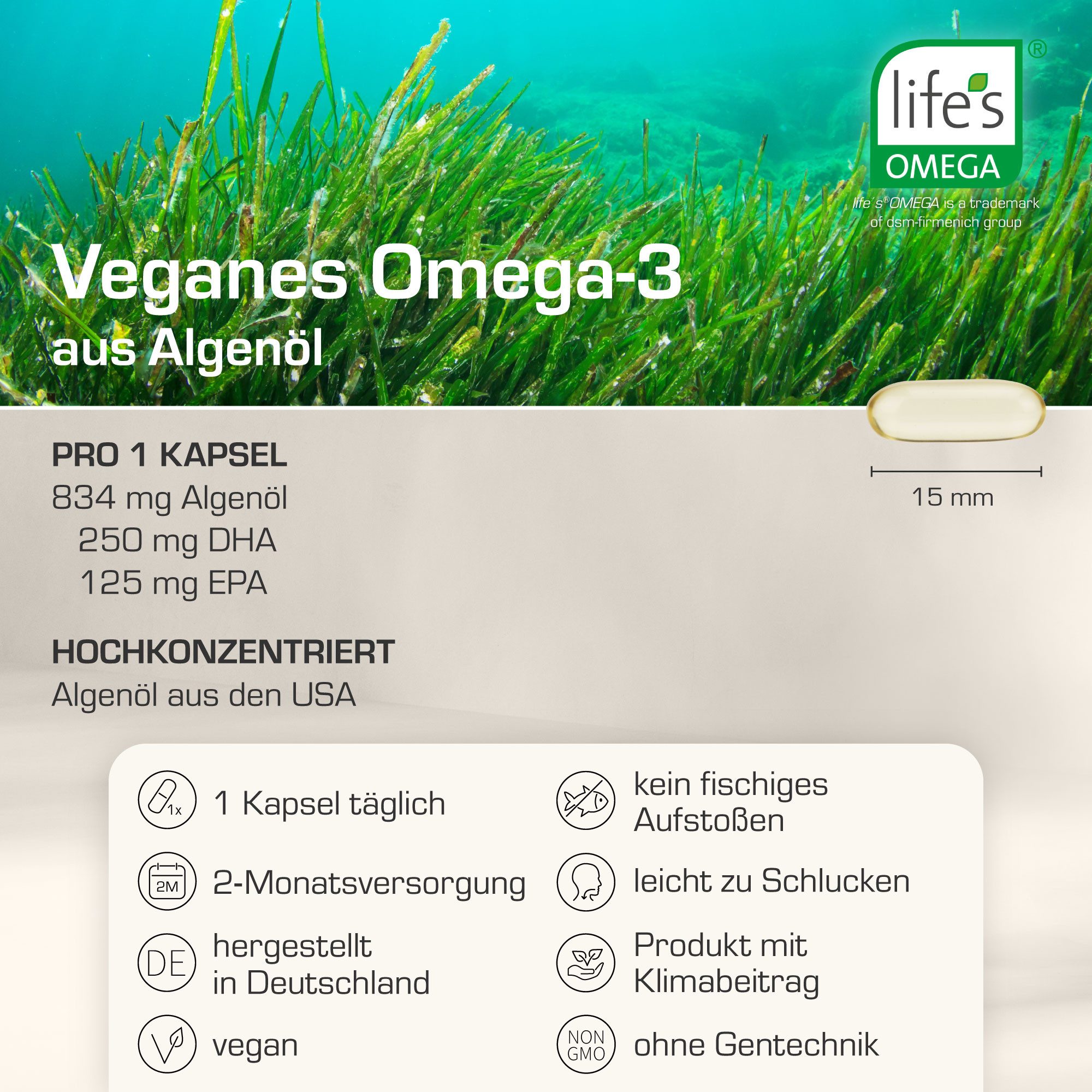 Purabyo Omega-3 Algenöl Kapseln, vegan, 250 mg DHA,+125 mg EPA, im Glas Kapseln, 60 St., 71 g