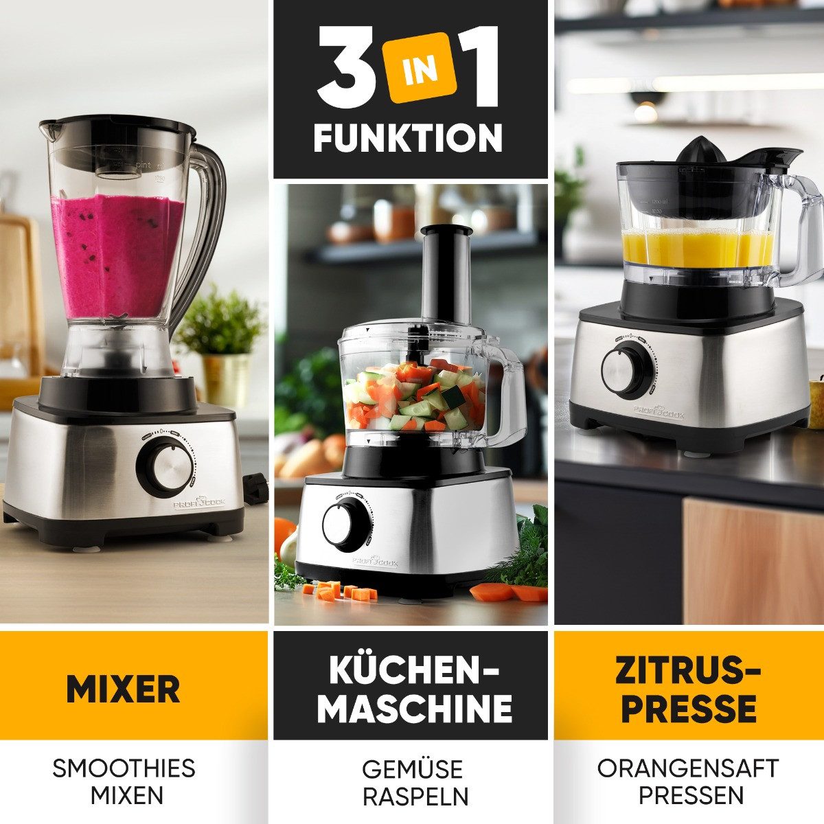 ProfiCook Kompakt-Küchenmaschine PC-KM 1063, 3in1, Mixer, Küchenmaschine und Entsafter, 1200W