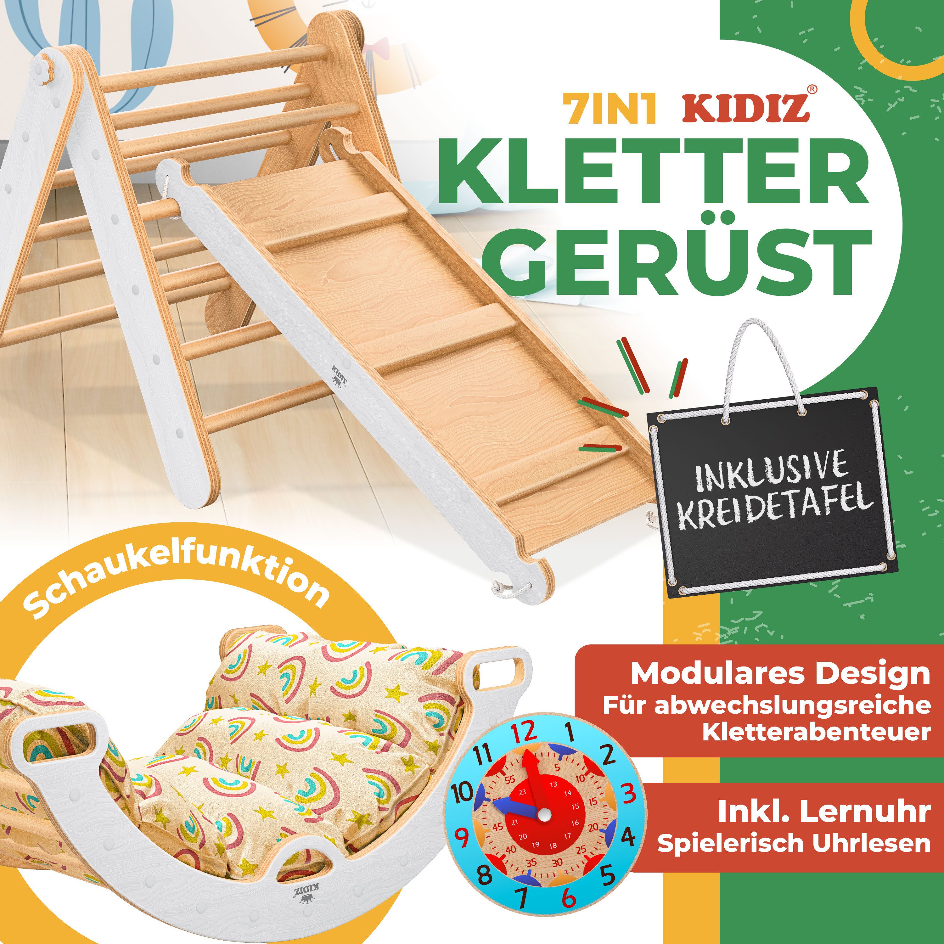 KIDIZ Klettergerüst Klettergerüst Montessori 7in1 Spiel-Set aus Holz, (mit günstig online kaufen
