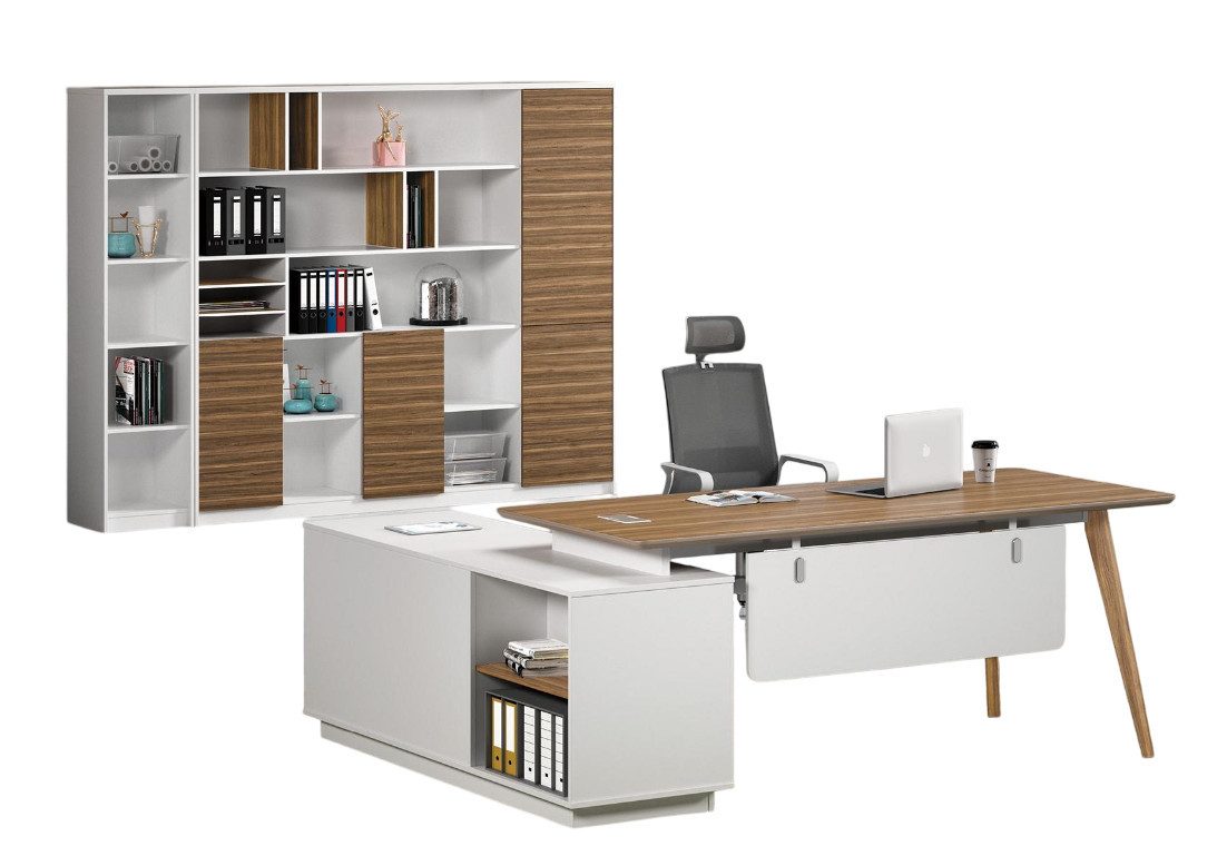 Xlmoebel Büromöbel-Set Eleganter Chef-Schreibtisch mit praktischem Aktenschrank und Regal, (2tlg.Schreibtisch mit Aktenschrank), Hergestellt in Europa