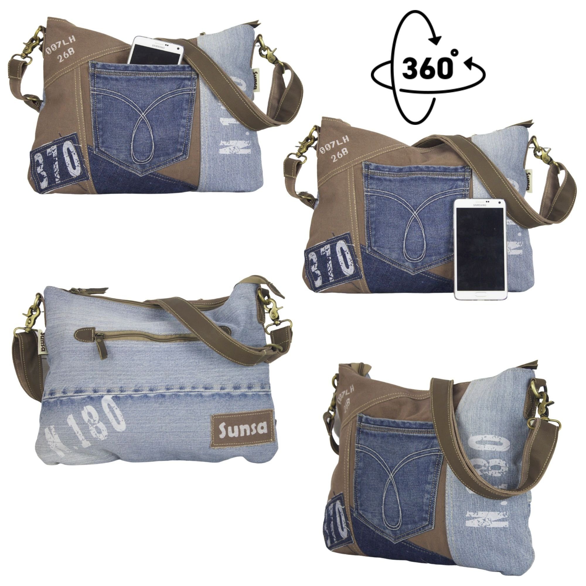Sunsa Umhängetasche Nachhaltige Jeanstasche Crossbody Tasche Umhängetasche, Mit abnehmbaren Schulterriemen, recycelter Jeansstoff