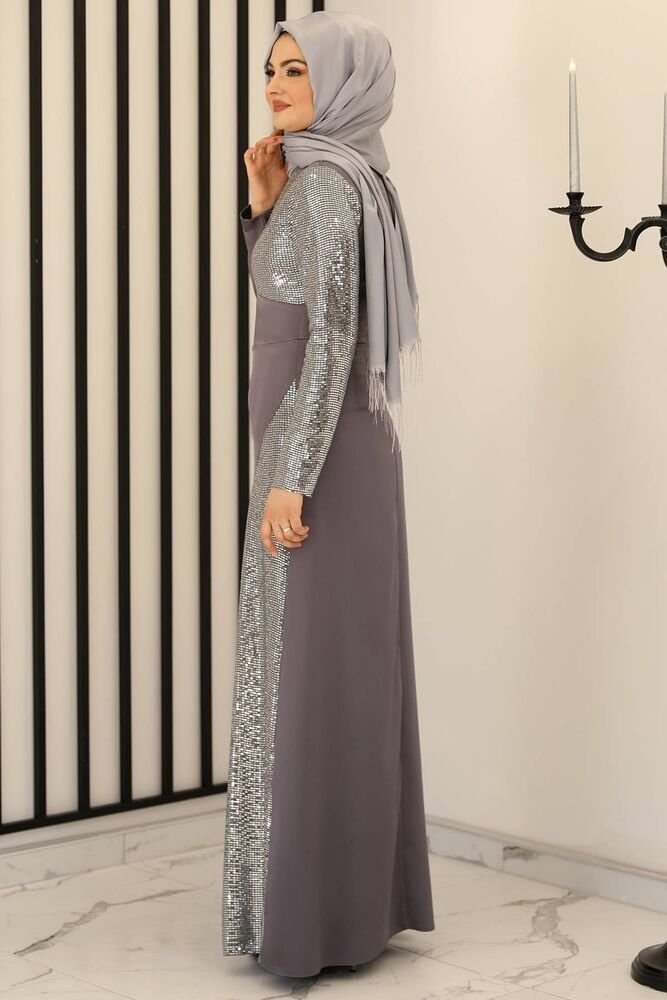 mit Abiye Pailleten Modavitrini Anthrazit Abendkleid Kleid Hijab Maxikleid Abaya Paillettenkleid Damen