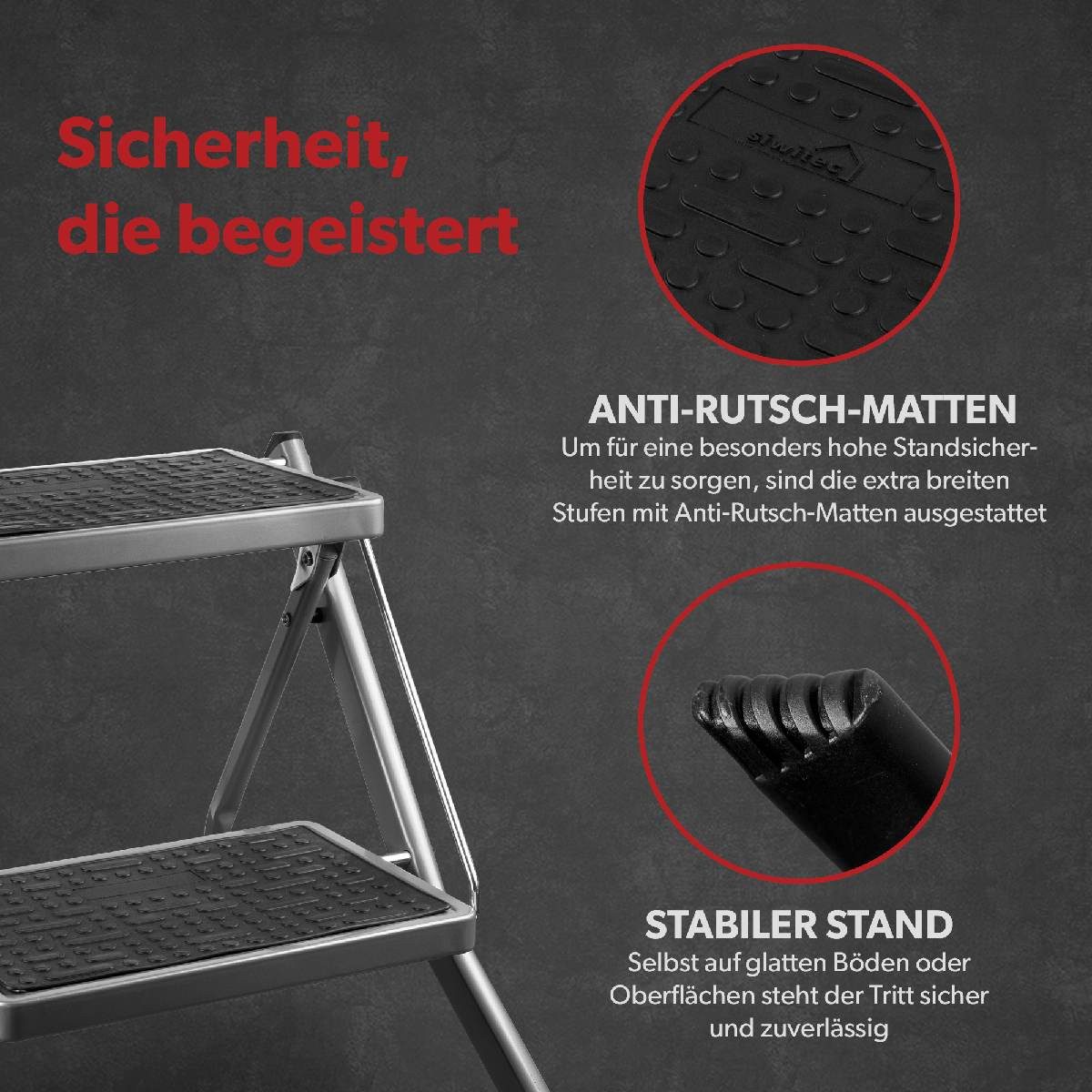 siwitec Trittleiter Mini Klapptritt aus Stahl - 2-stufig - anthrazit - GS geprüft (Wahlweise in Weiß oder Anthrazit erhältlich), 2 Stufen – Bild 4 von 5