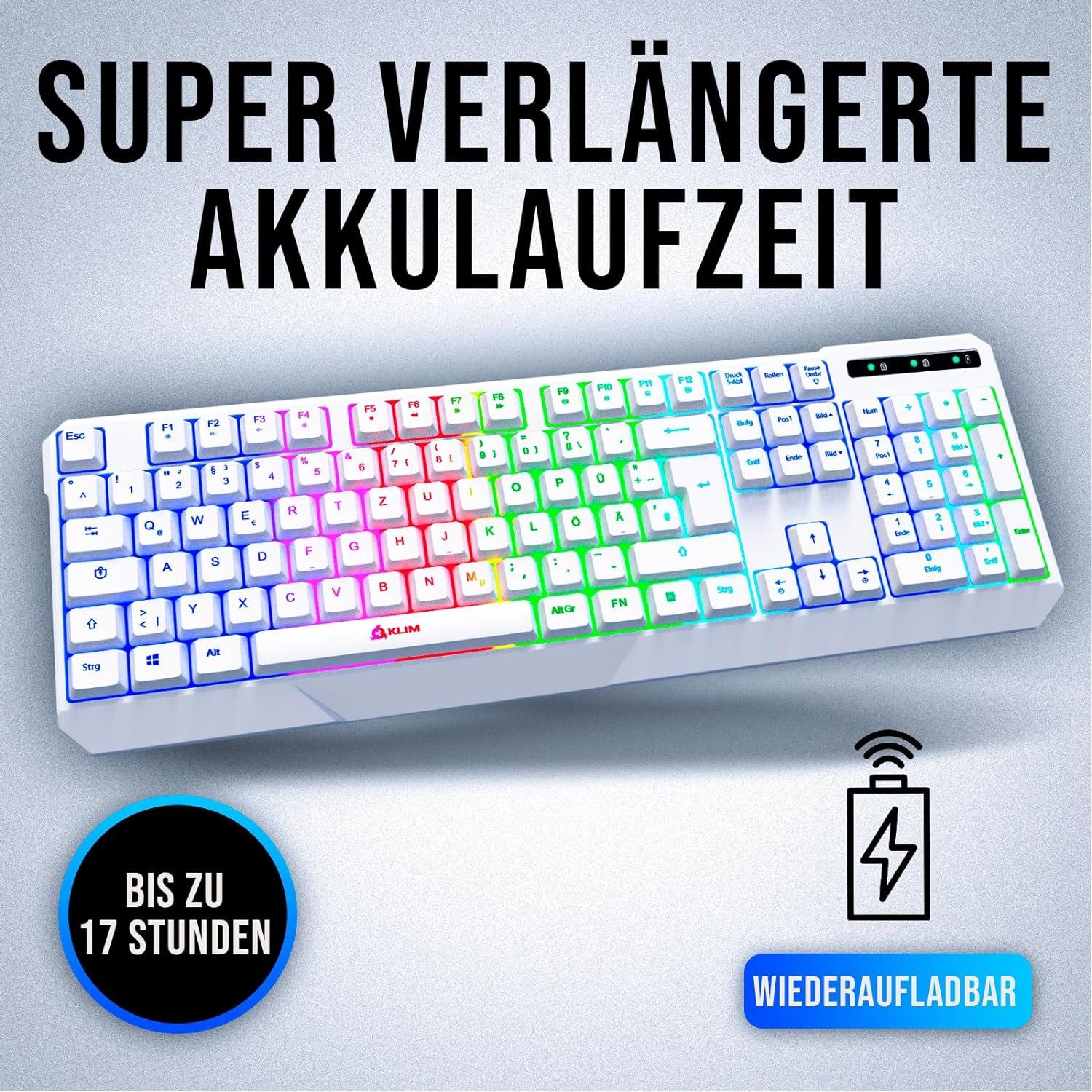 KLIM Chroma wireless Gaming, hintergrundbeleuchtete Tasten, Anti Ghosting Gaming-Tastatur (Deutsche Tastenbelegung, ergonomisch, wasserfest, keyboard)