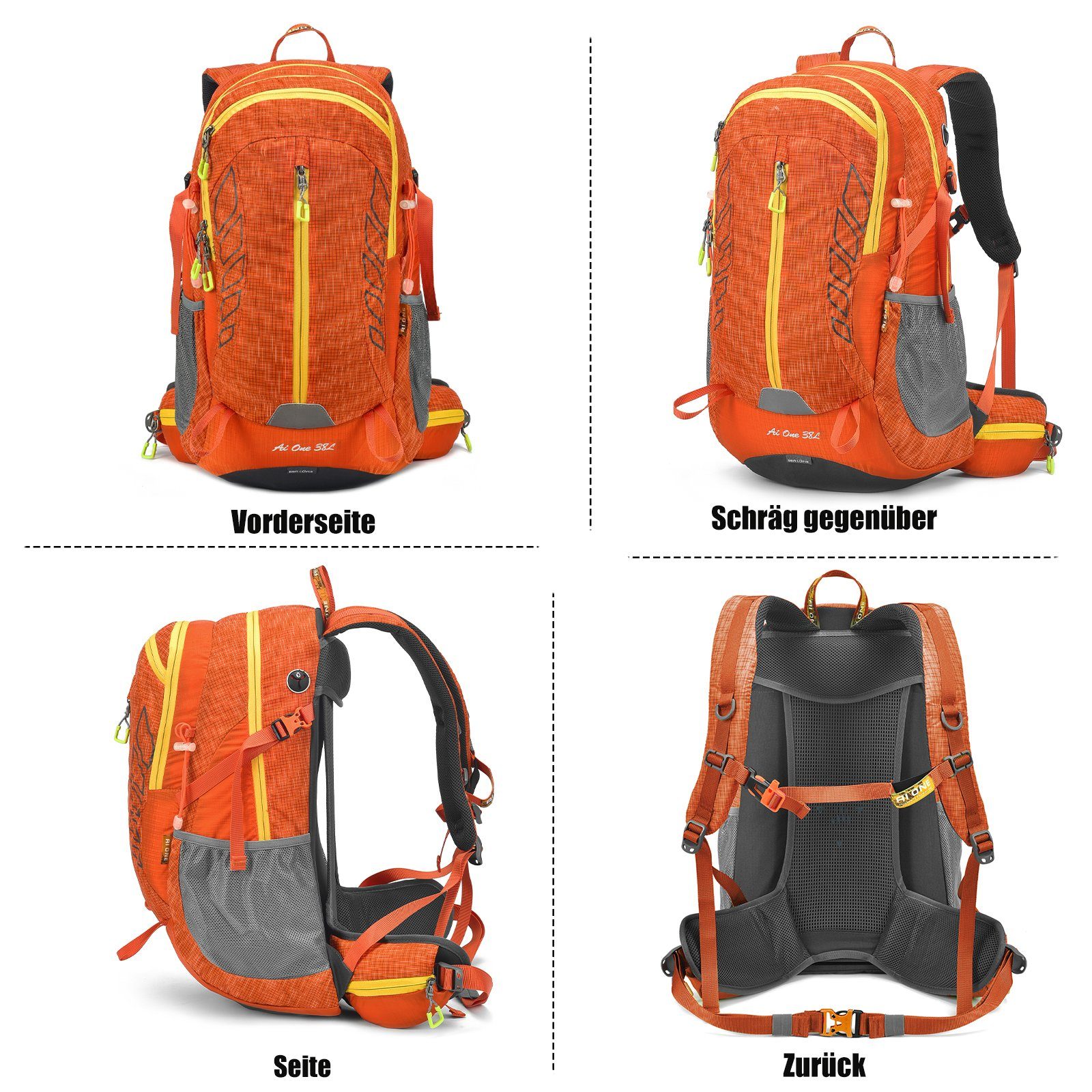 Regenschutz Camping Wanderrucksack (Einschließlich Trekking Großer für mit Orange Reisen Rückenbelüftung, Regenschutz), mit TAN.TOMI Outdoor Wanderrucksack Wasserdicht 38L