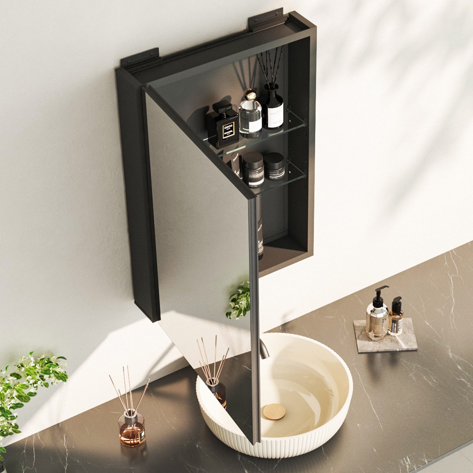 Hopibath Spiegelschrank Schwarz 50x70cm Badezimmer Spiegelschrank (Badezimmerspiegelschrank Aluminium, Eckig) Doppelspiegel, Verstellbare Glasböden, vormontiert geliefert