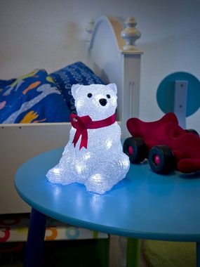 KONSTSMIDE LED Dekofigur LED Acryl Eisbär mit roter Schleife, LED fest integriert, Kaltweiß, 16 kalt weiße Dioden