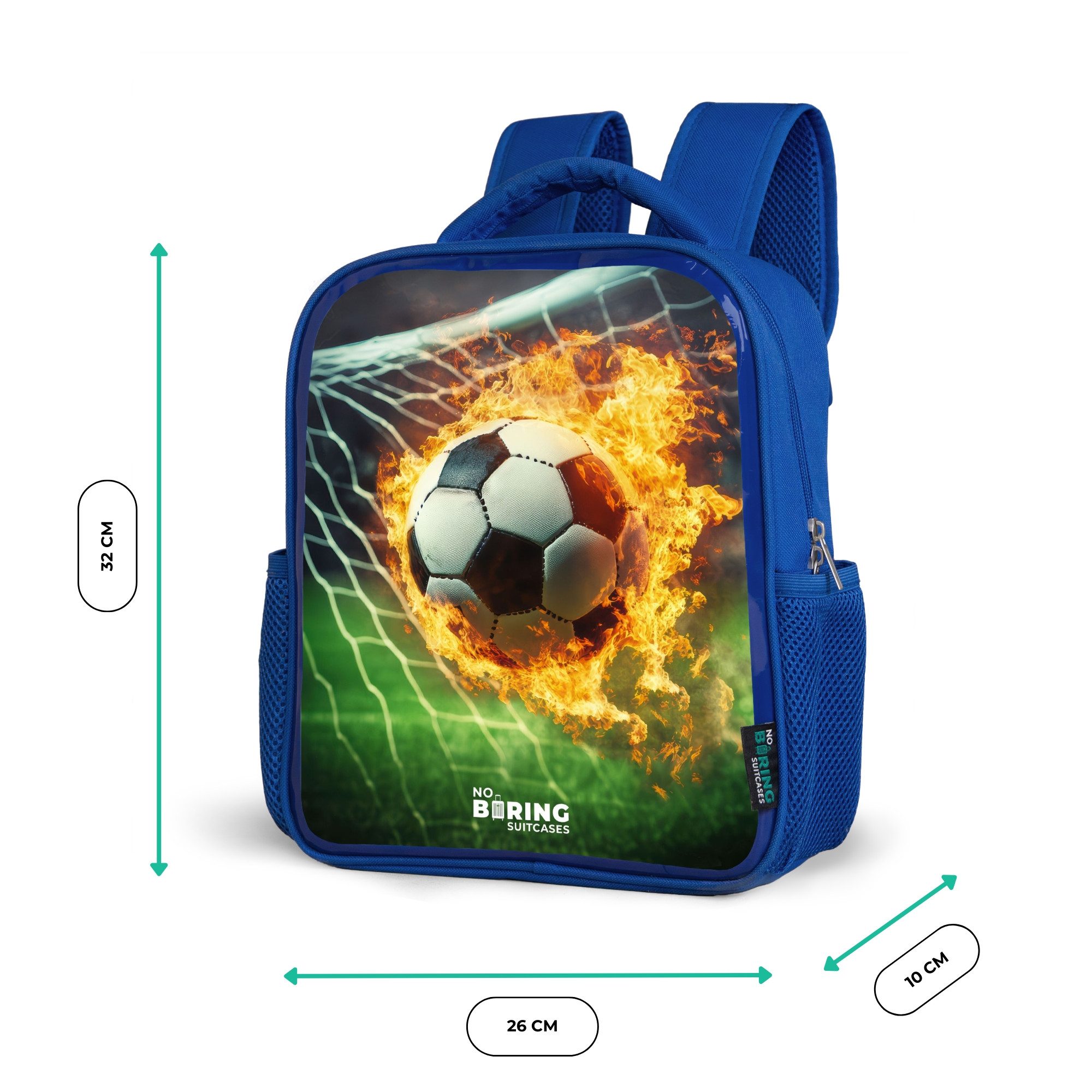 NoBoringSuitcases.com© Rucksack Blau - Feuerfußball im Tornetz gefangen, Kinderrucksack, Schulrucksack, Freizeitrucksack, Jungen, Kindergarten